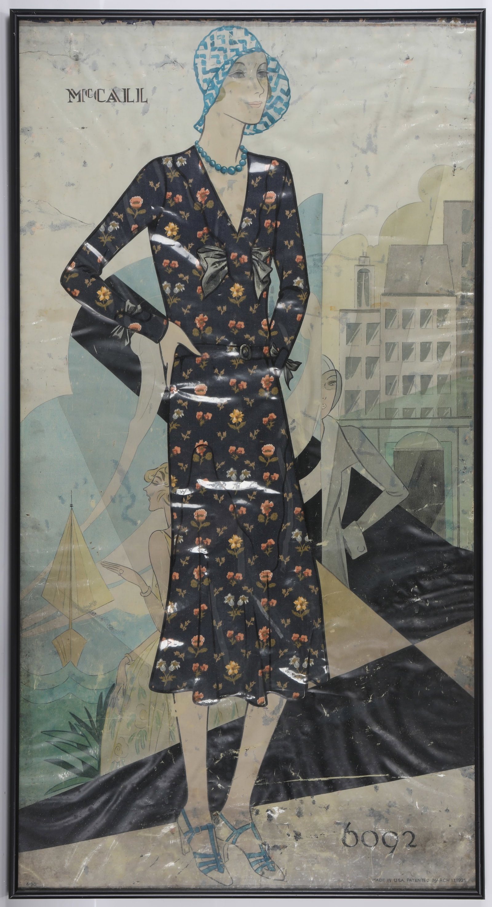 FRAMED VINTAGE FASHION PRINT: Art deco style; McCall; bottom right - made in USA patented March 17, 1925; H-35"xL-19", F