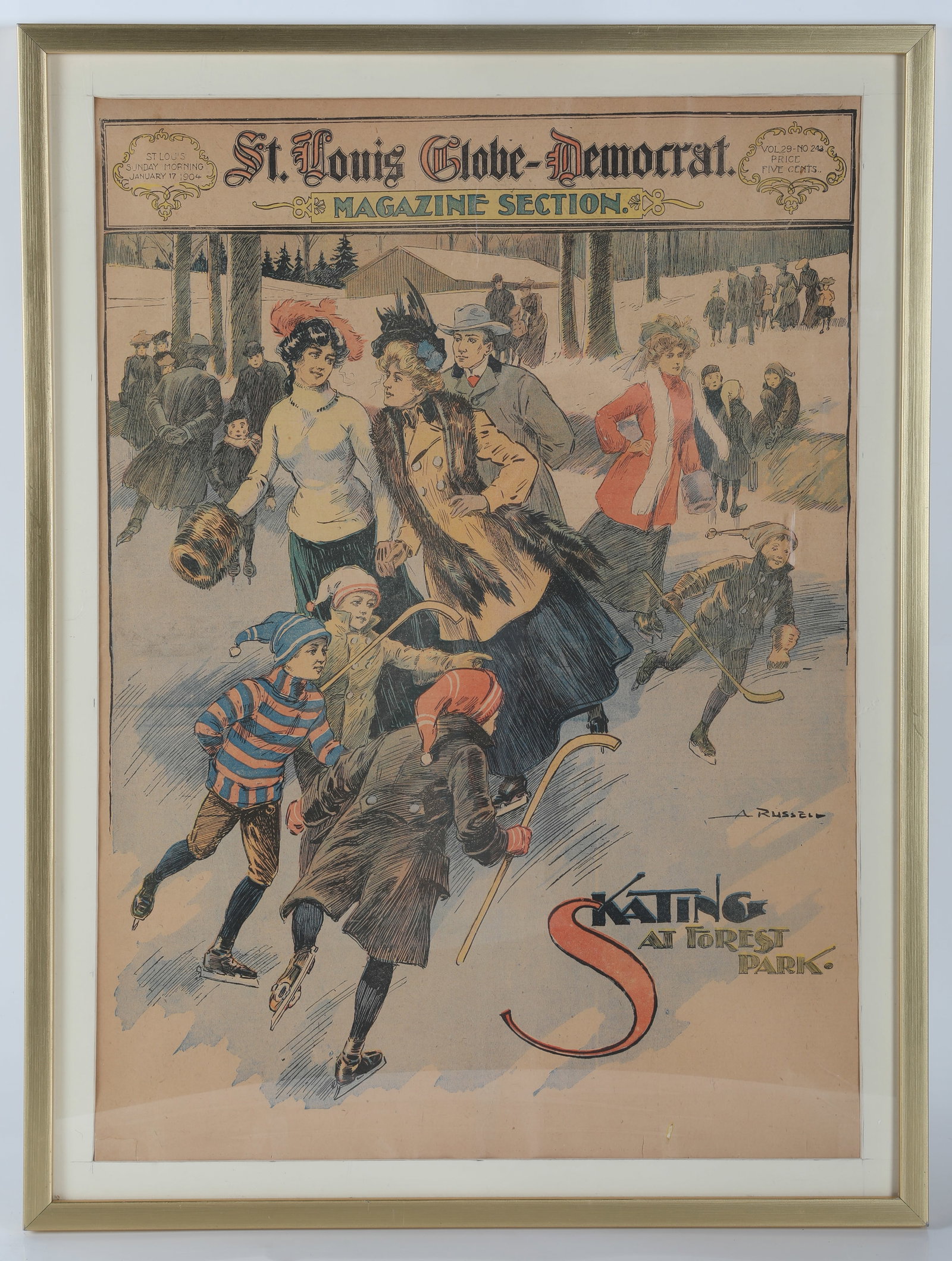 FRAMED MAGAZINE SECTION COVER: Section of St. Louis Globe Democrat, Skating at Forest Park; artist A. Russell; frame 25"x19", G