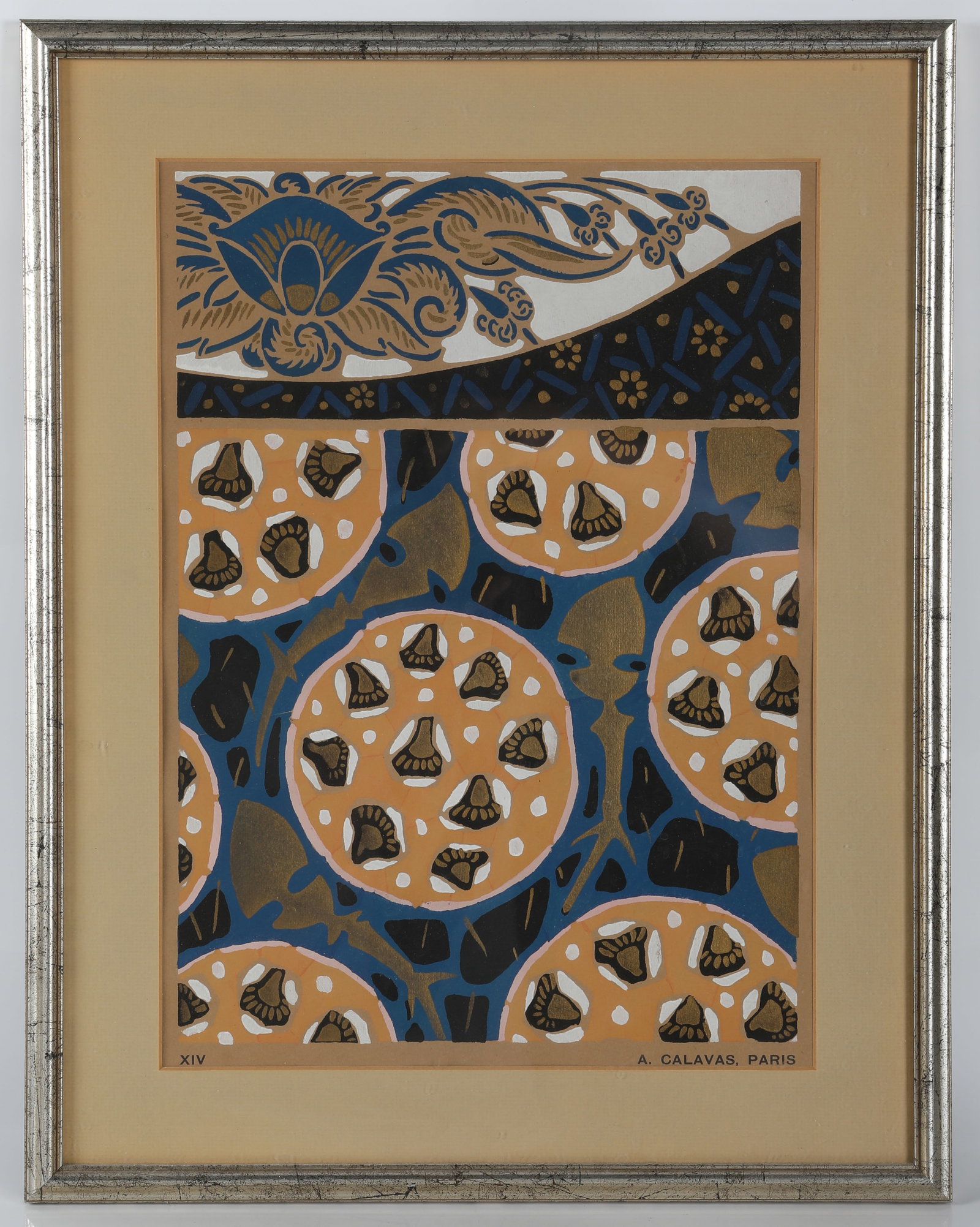FRAMED ART DECO PRINT: Titled "Or Et Couleurs"; originally publish by A. Calavas, Paris; image 14 1/4"x10 1/2" - frame 19"x15"