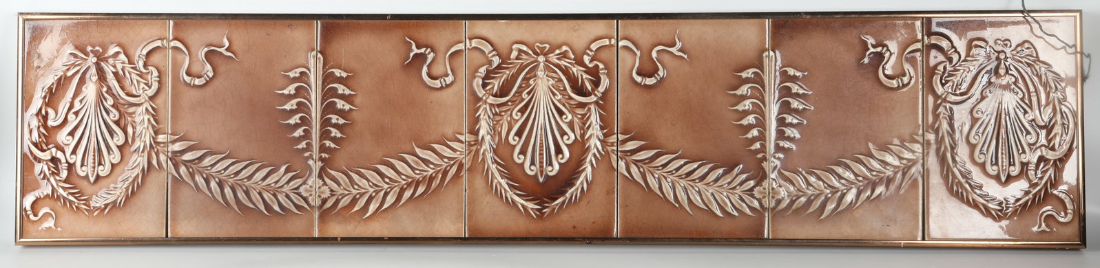 DECORATIVE TILE PLAQUE: (8) embossed ceramic tiles; 9"x42"; crazing, G-G+