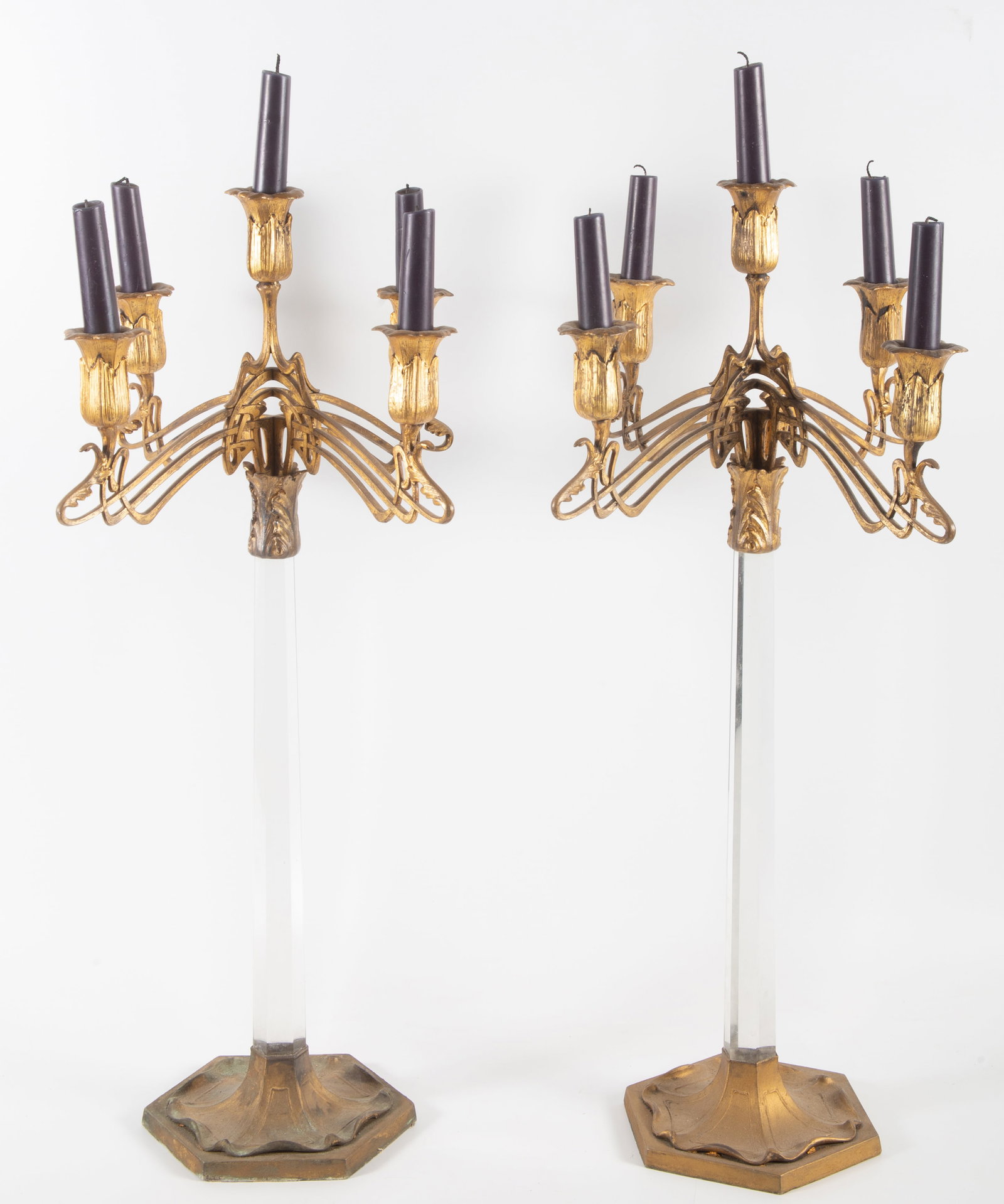 ART NOUVEAU CANDLELABRUM: Gilt bronze arms and base; hexagonal graduated crystal columns; H-24 1/2"; some gilt wear, G-G+