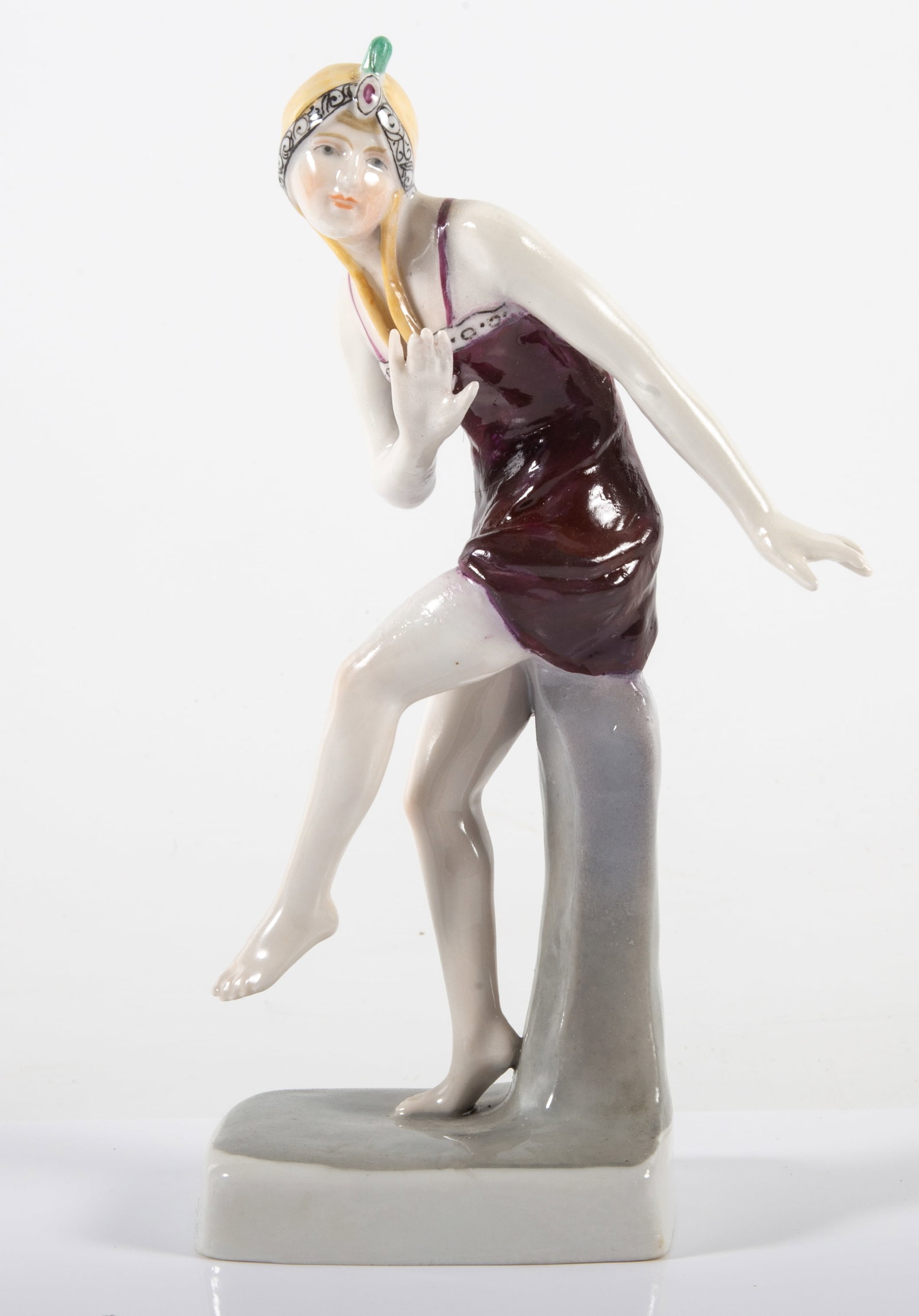 ART DECO FIGURINE: Patinated porcelain; marked (MBS) in key stamp; H-6 1/2"; normal wear, VG