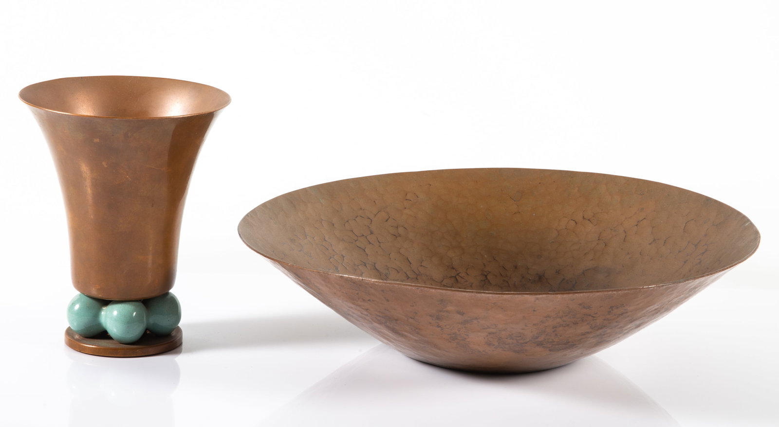 ROYAL HICKMAN(?) COPPER TUMBLER AND BOWL: (1) 3" copper tumbler, ceramic bead base, marked 'Hickman' together with (1) 12" hammered copper bowl; normal wear, G-G+