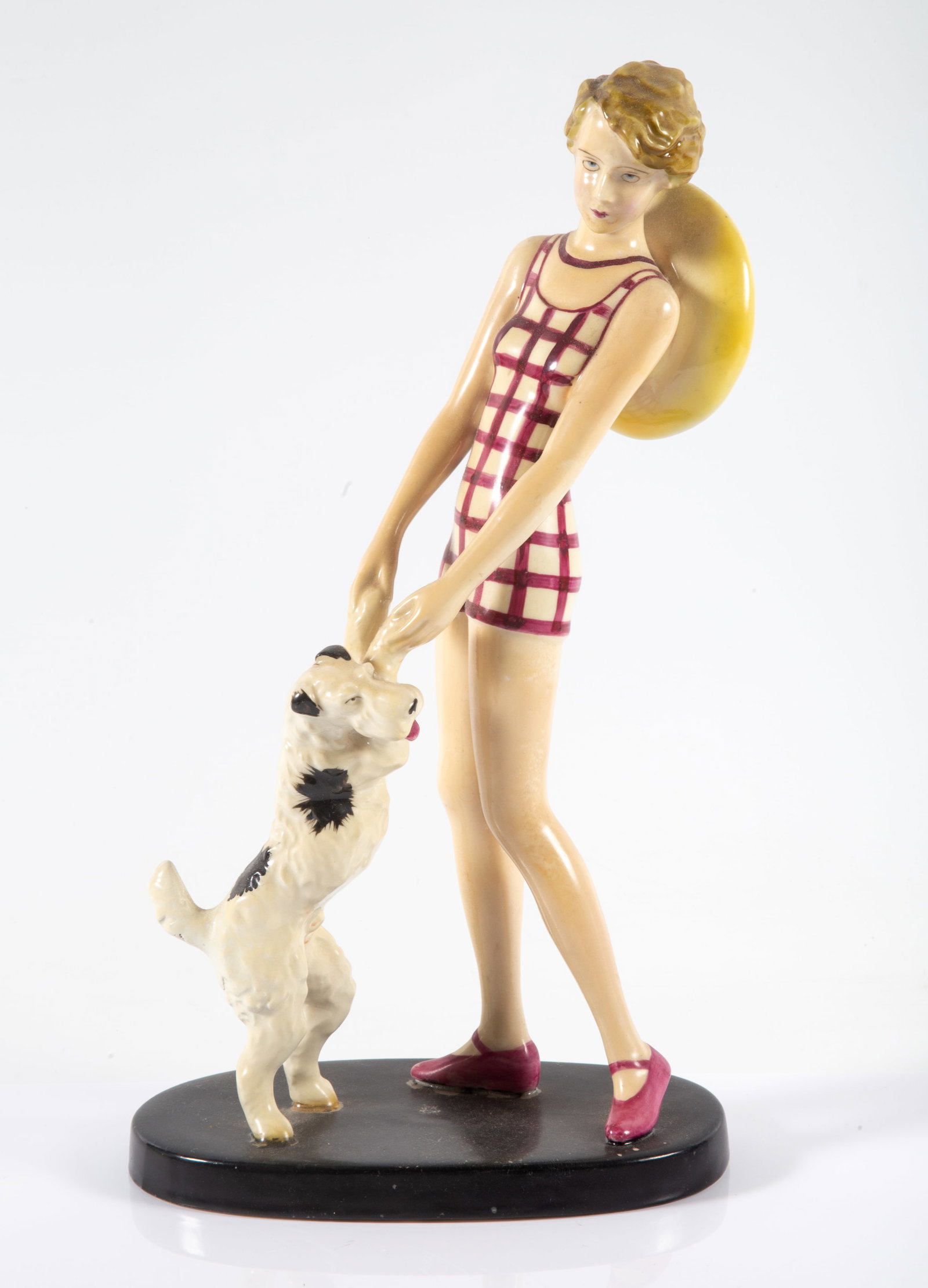 DECO FIGURINE WITH DOG: Painted porcelain; marked: Moriyama Mori-machi Company in Japan 1913-1920; H-12 3/4"; normal wear, G-VG