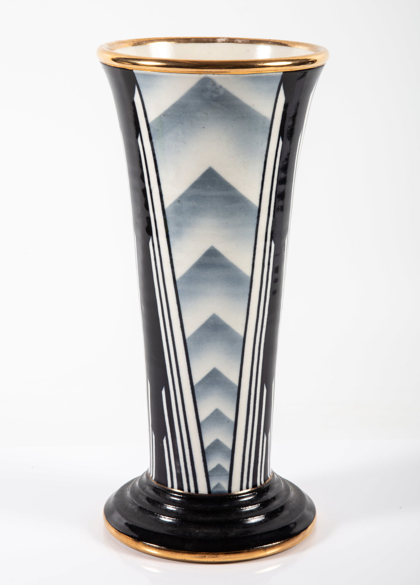 ART DECO VASE: Signed DuVall(?); geometric design; H-11", G-VG