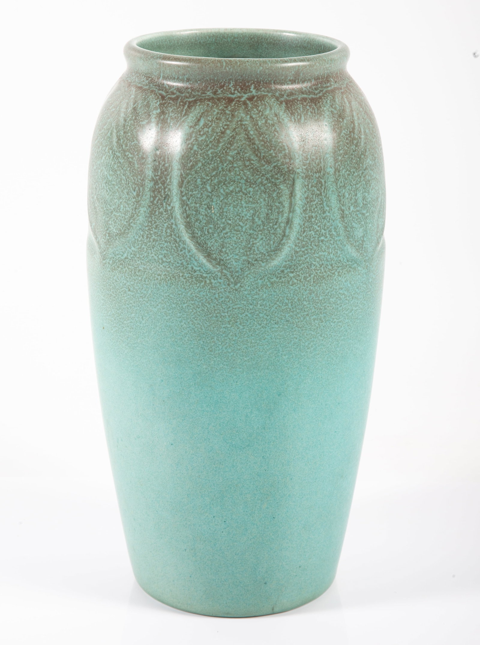 ROCKWOOD POTTERY VASE: "RP" flame logo on bottom, #2432; arts and crafts or art deco; relief leaf design; H-10"; normal wear, VG-EX