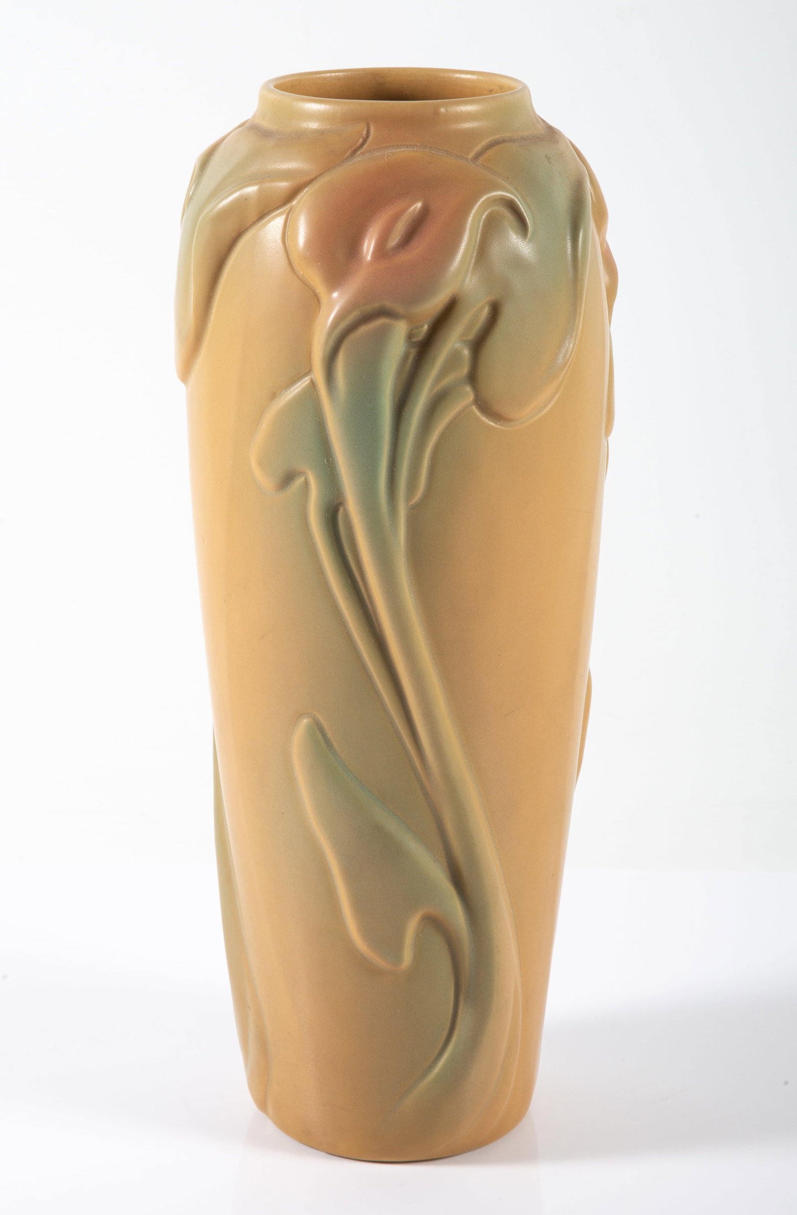VAN BRIGGLE POTTERY VASE: Marked "Colorado Springs CO"; matte glaze with floral relief; H-12"; normal wear, VG