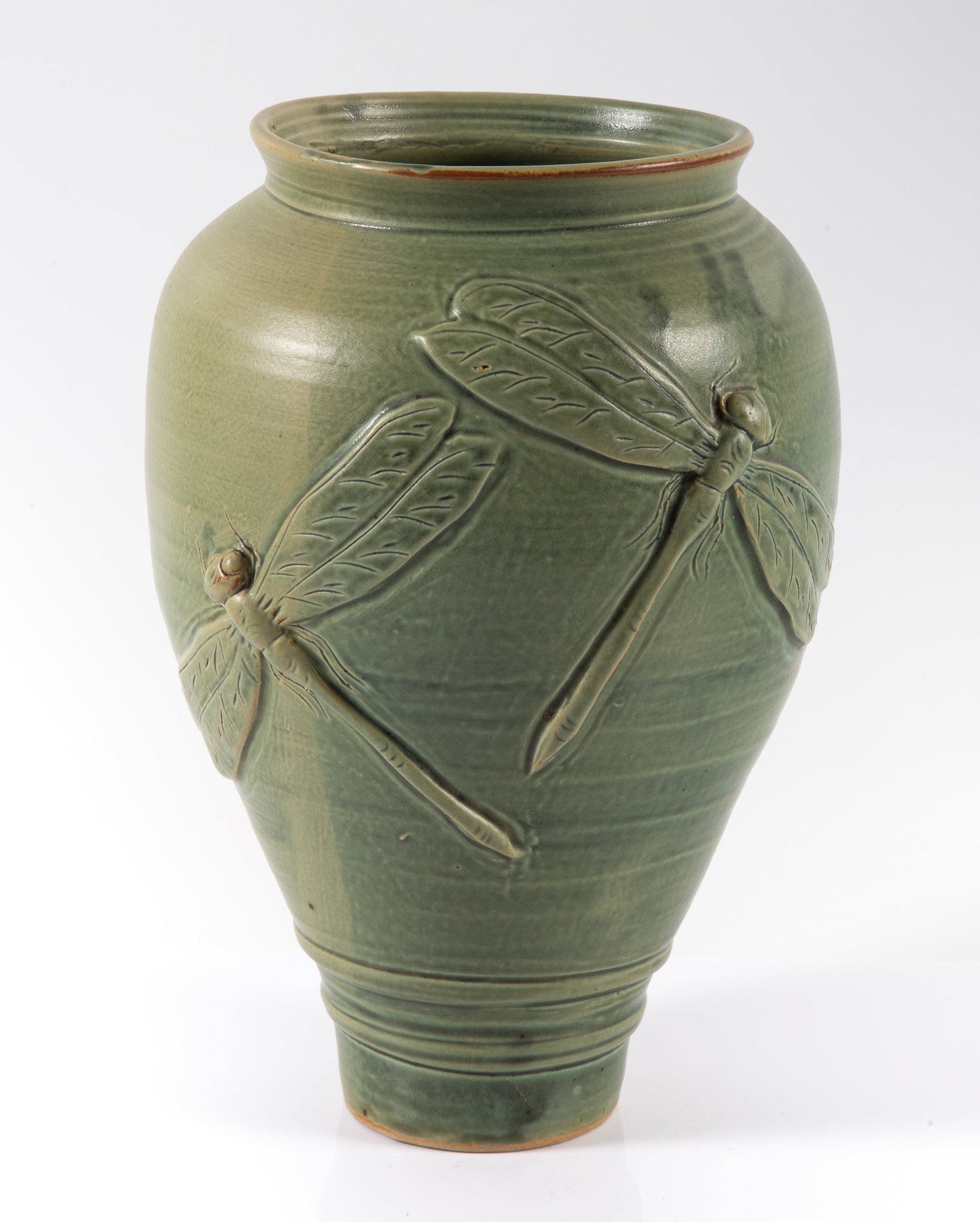 CERAMIC ART POTTERY VASE: Contemporary (?); sculpted dragonfly motif; matte finish; celadon green glaze; H-10"; normal wear, VG-EX