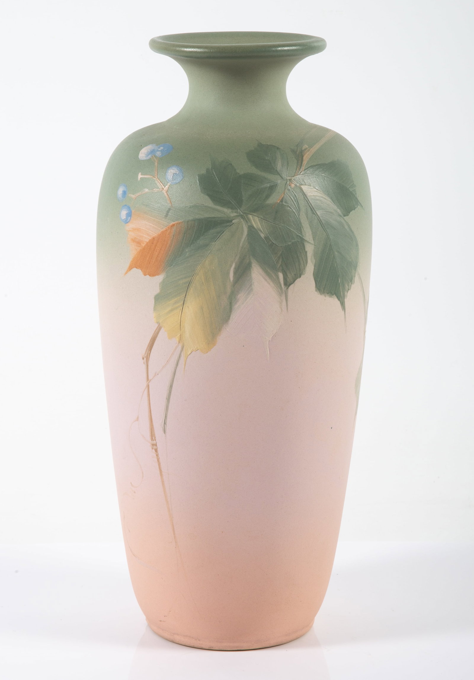 WELLER POTTERY VASE: #293; signed L.J.B.(?); matte finish with green painted leaves, etc.; H-11"; normal wear, VG-EX
