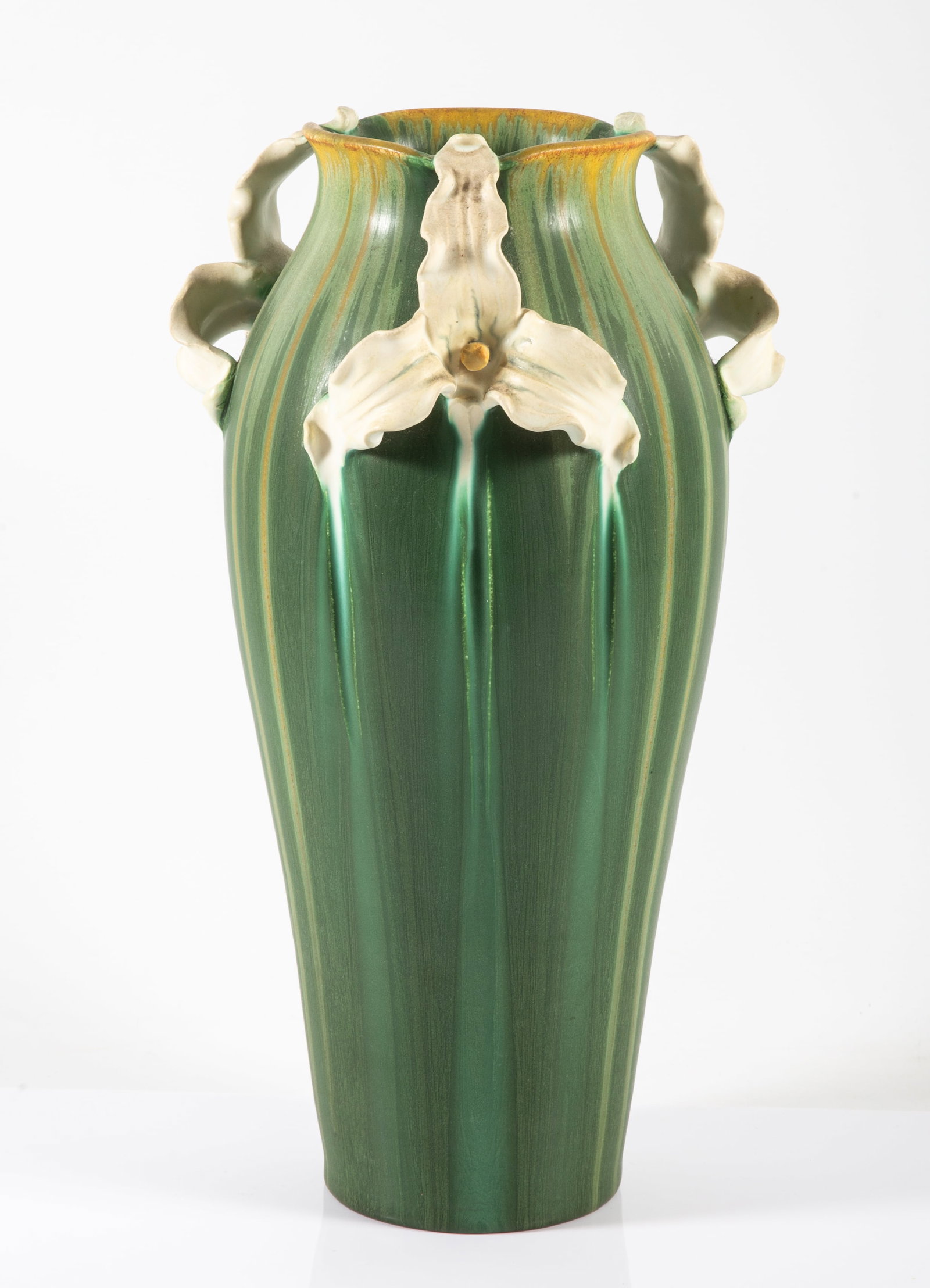 EPHRAIM POTTERY VASE: Arts and crafts style; signed Lauri Klein, artist; green with openwork flowers; H-12 1/2"; normal wear, G-VG