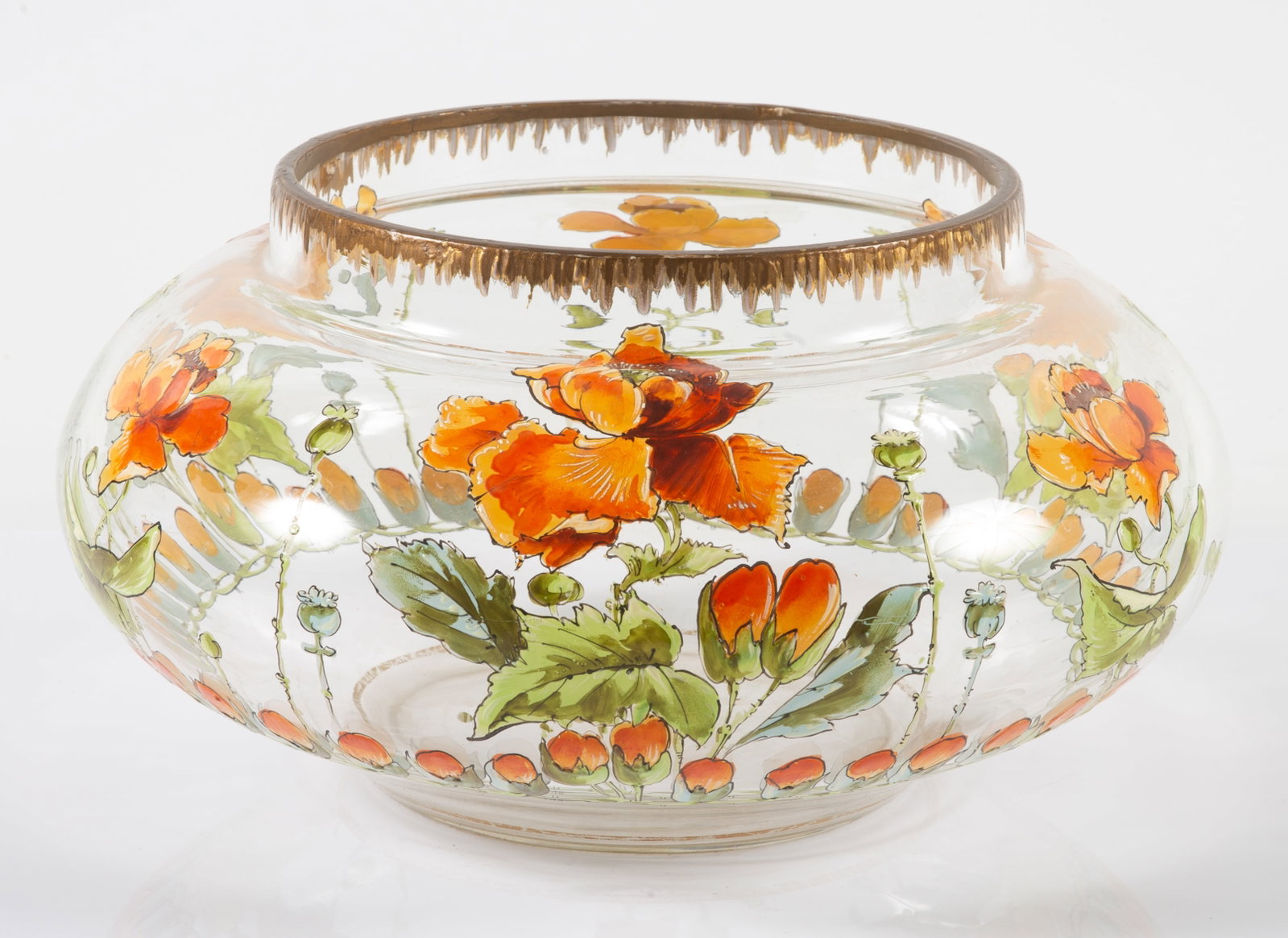 FLORAL FISHBOWL VASE: Enameled flowers; H-5 1/2"xW-9"; normal wear, G-VG
