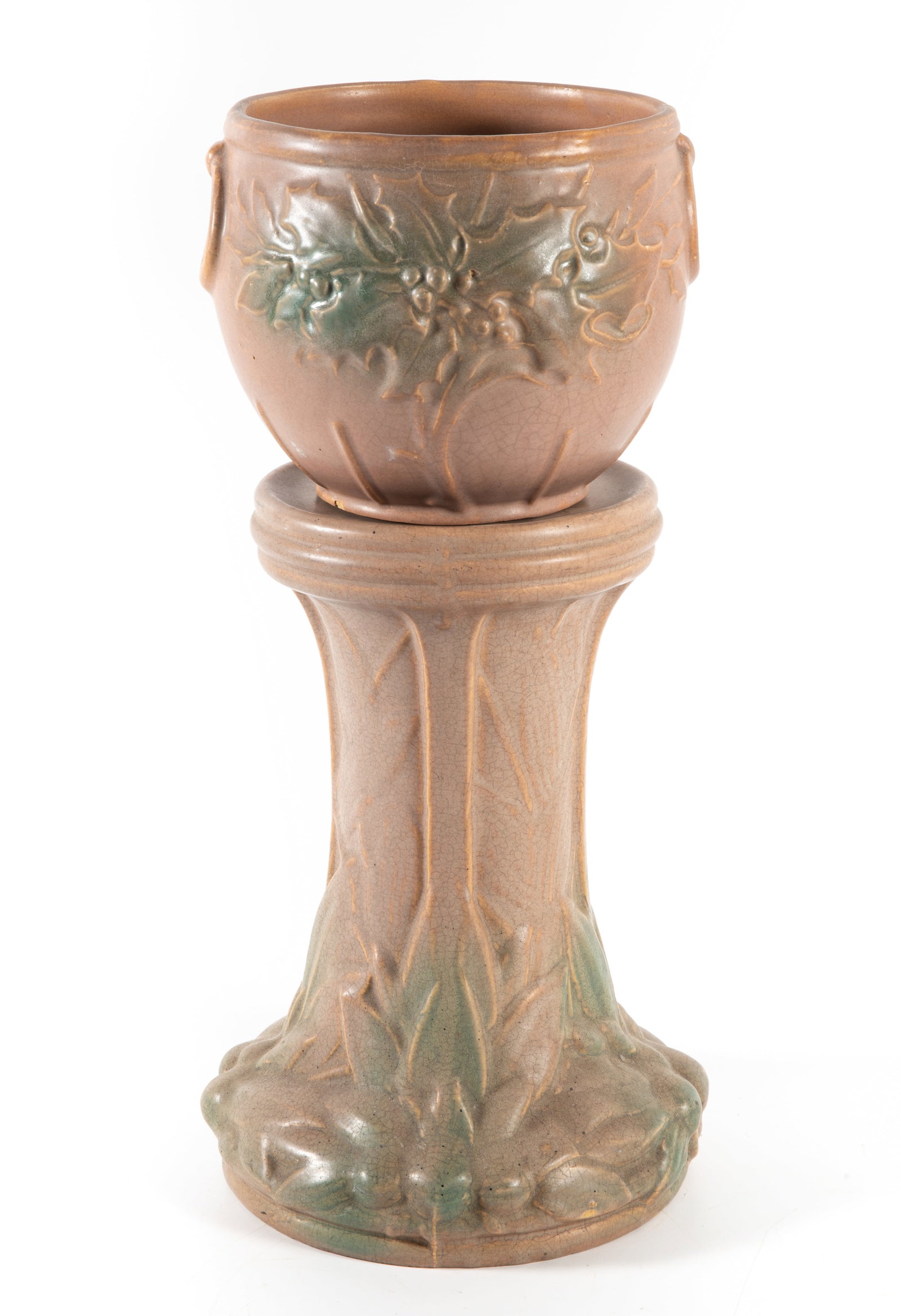 (2) PIECE ART POTTERY JARDINERE: Painted art pottery; relief pattern of foliage; largest 19 1/2"; small flake; normal wear, G