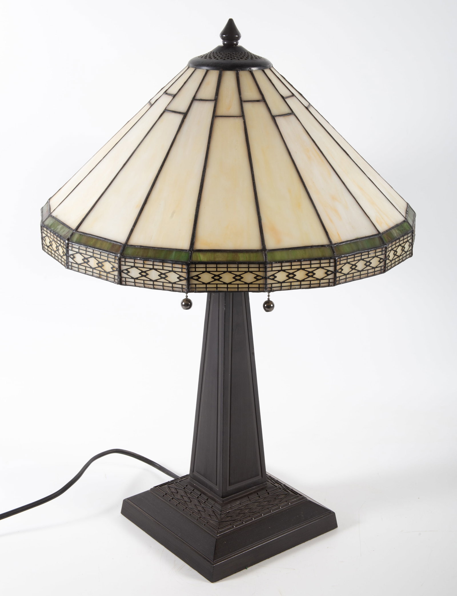 MISSION-STYLE TABLE LAMP: Slag glass shade; matte black metal base; H-23"; normal wear, G-VG