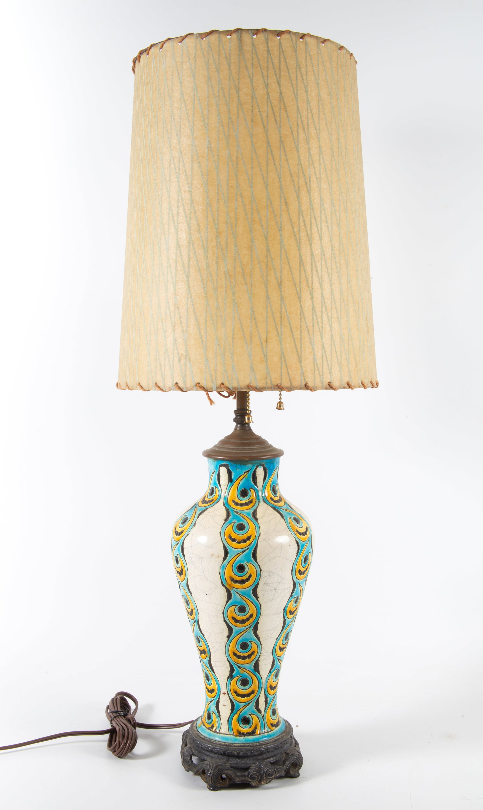CHARLES CATTEAU DECO LAMP: Crackle glaze; converted to lamp from vase; H-27 1/2"; missing finial; normal wear, G