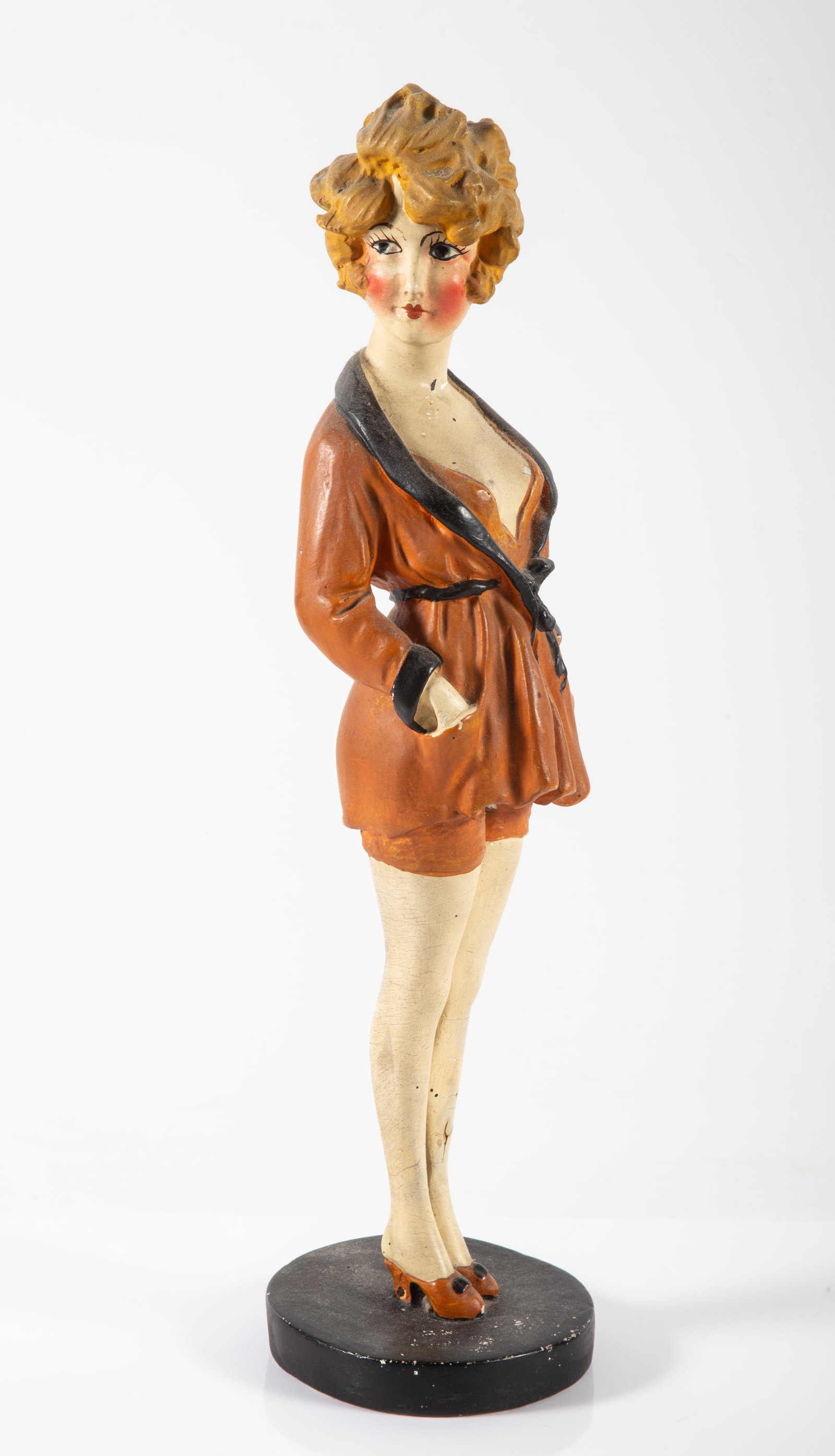 DECO "FLAPPER GIRL" FIGURINE: Painted plaster; display or boudoir type doll; H-16"; small chips in paint and plaster; normal wear, G