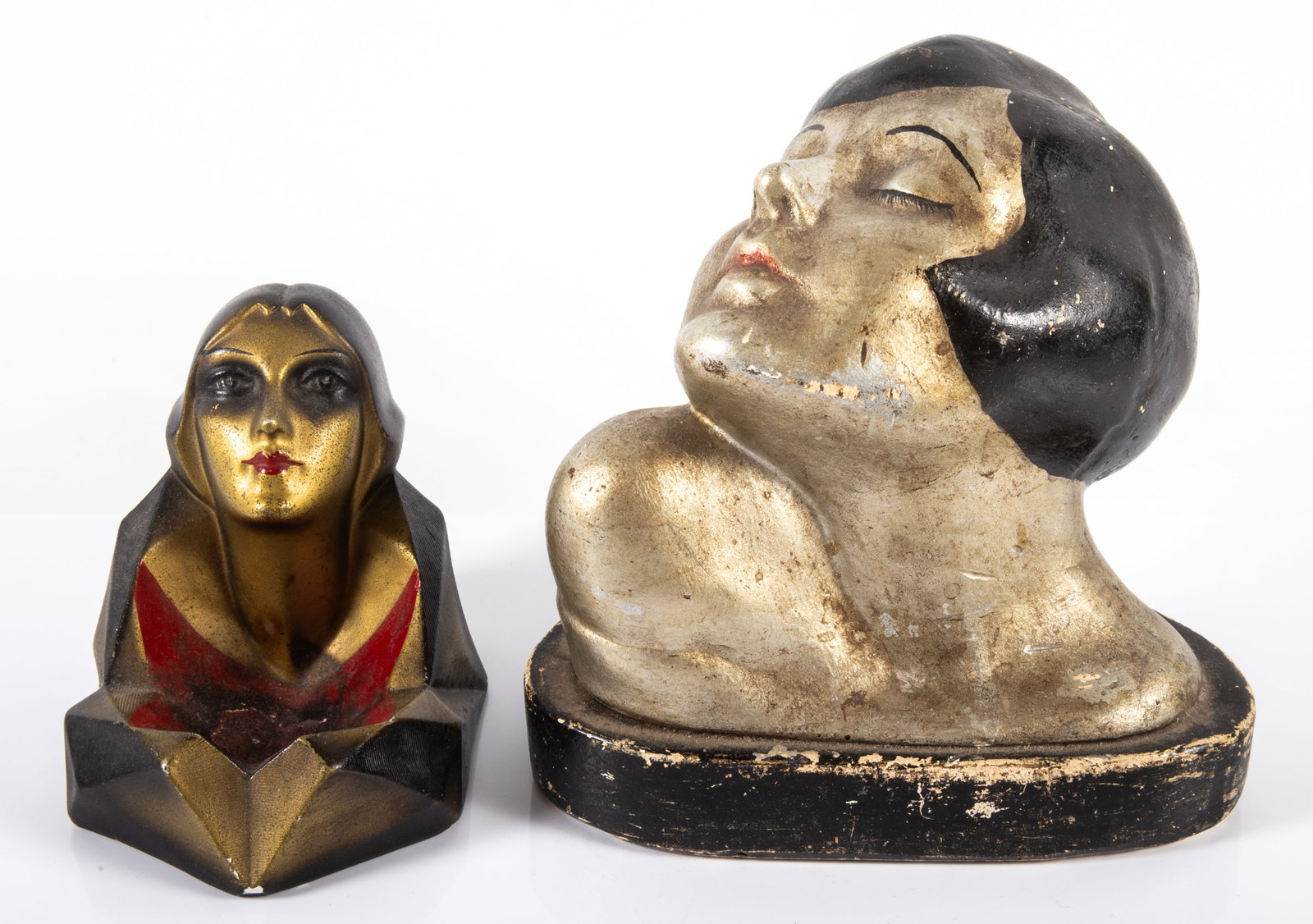 (2) DECO WOMENS BUSTS: Painted chalk - (1)small ashtray, Rich Craft Studios-NY; some burn stains in bowl; (1) 6" woman with closed eyes, has paint loss, G