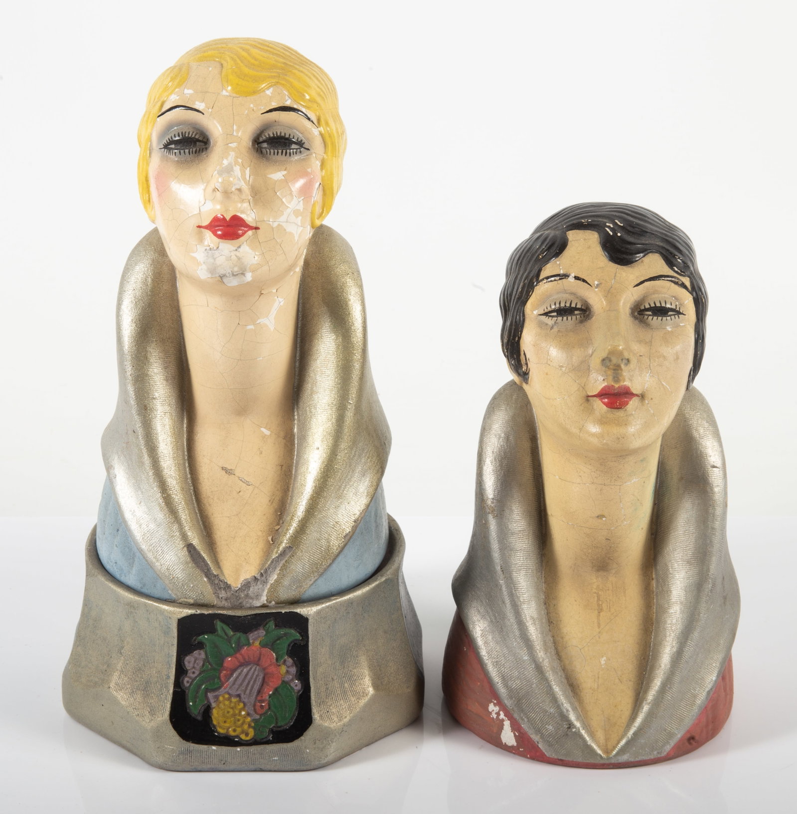 (2) DECO DRESSED BUSTS: Painted chalk; Rich Craft Studios-NY, together with (1) base for rings, etc.; largest 9"; some paint touch up, paint flaking on bottom, slight chip on bottom, F-G