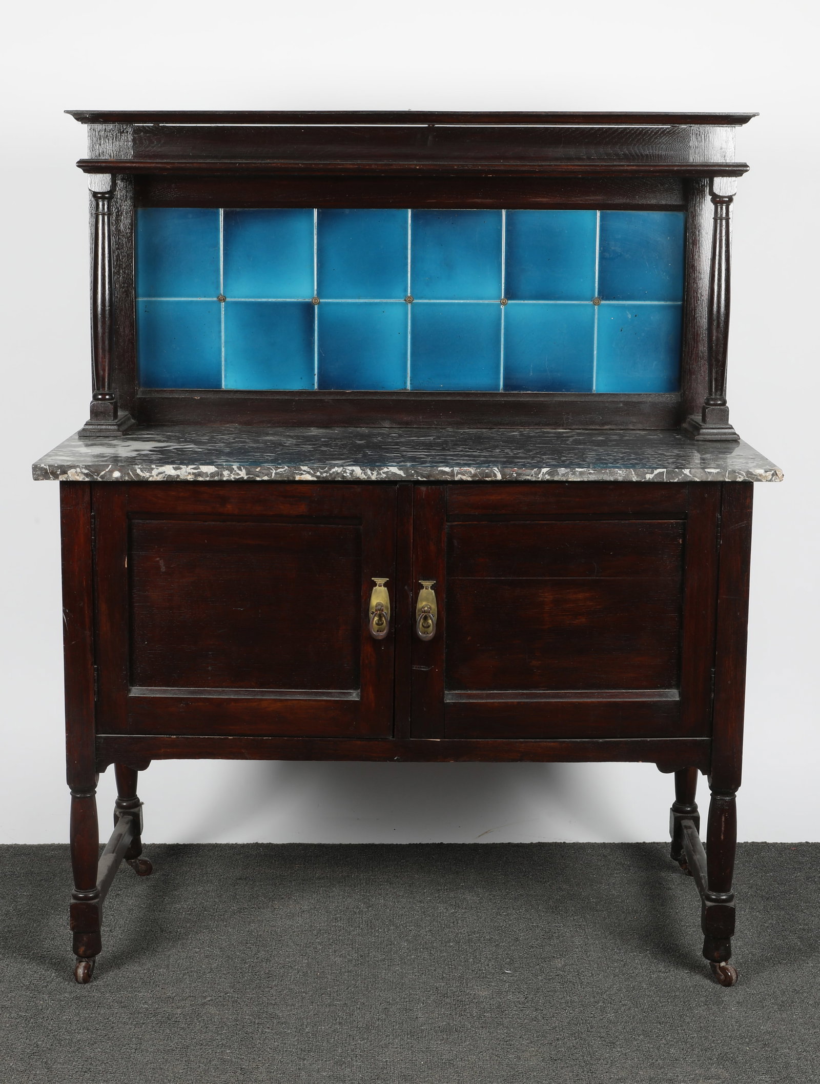 ENGLISH WASH STAND: Oak; tile splash rail; marble top; (2) lower doors; original finish; H-51"xW-42"; normal wear, G-VG