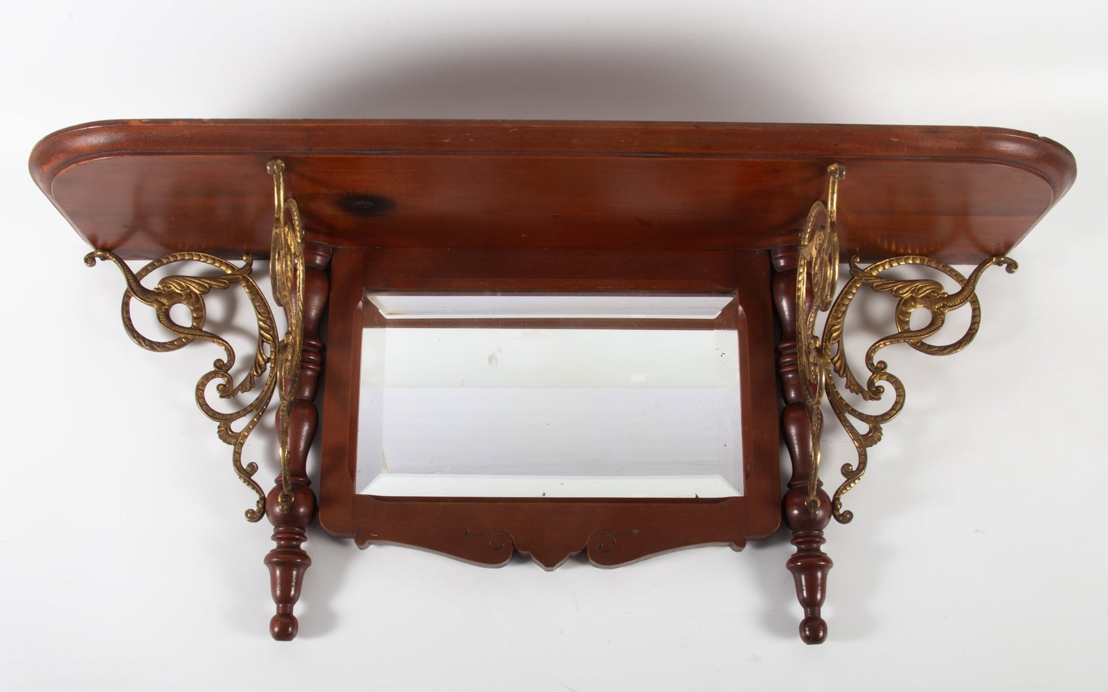VICTORIAN WALL SHELF: Cherry-beveled mirror; cast brass supports; H-12"xW-30"; normal wear, G-VG