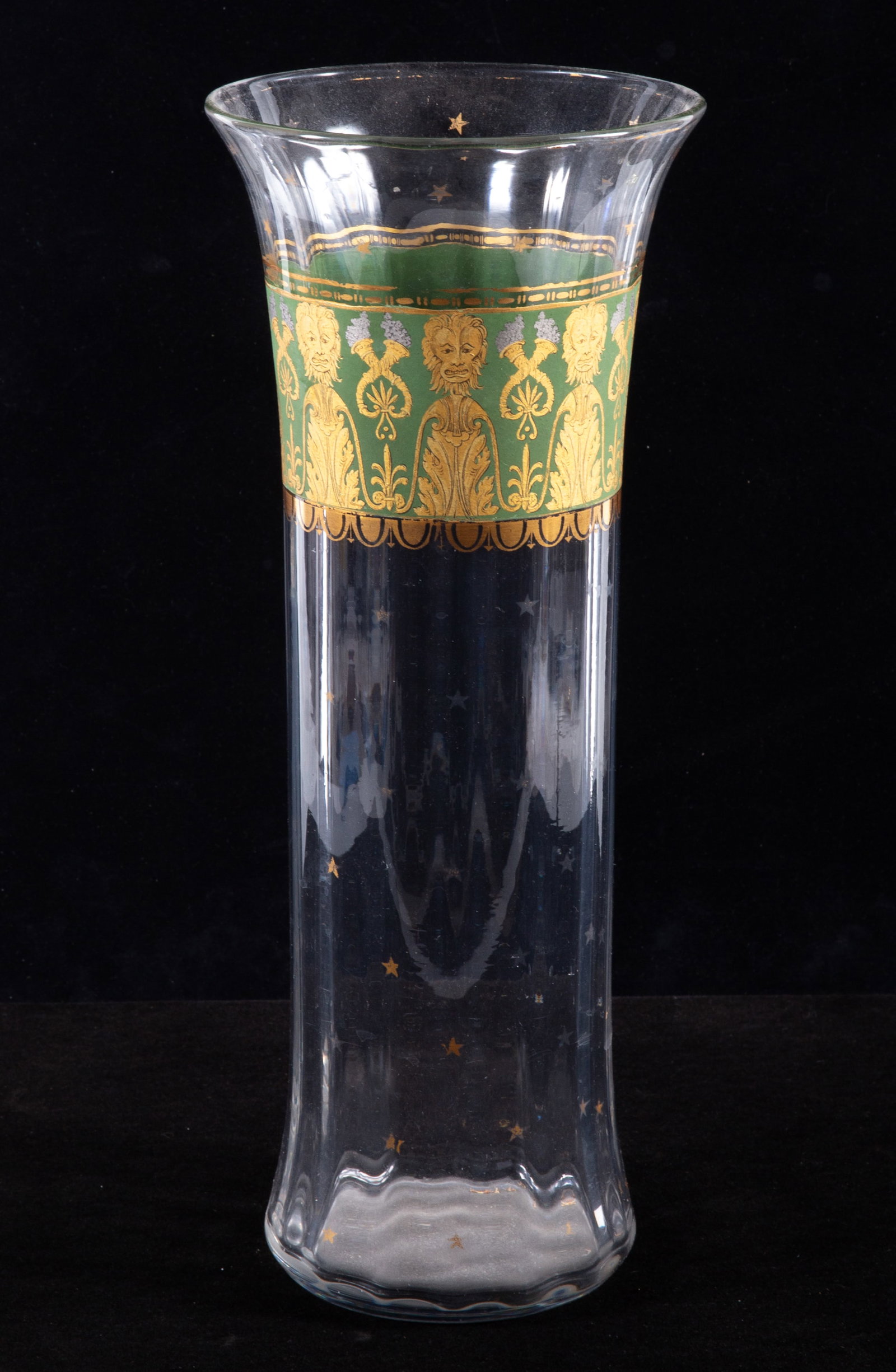 VINTAGE GLASS VASE: Decorative green and gold band; design includes faces and floral designs; H-12"; normal wear, VG