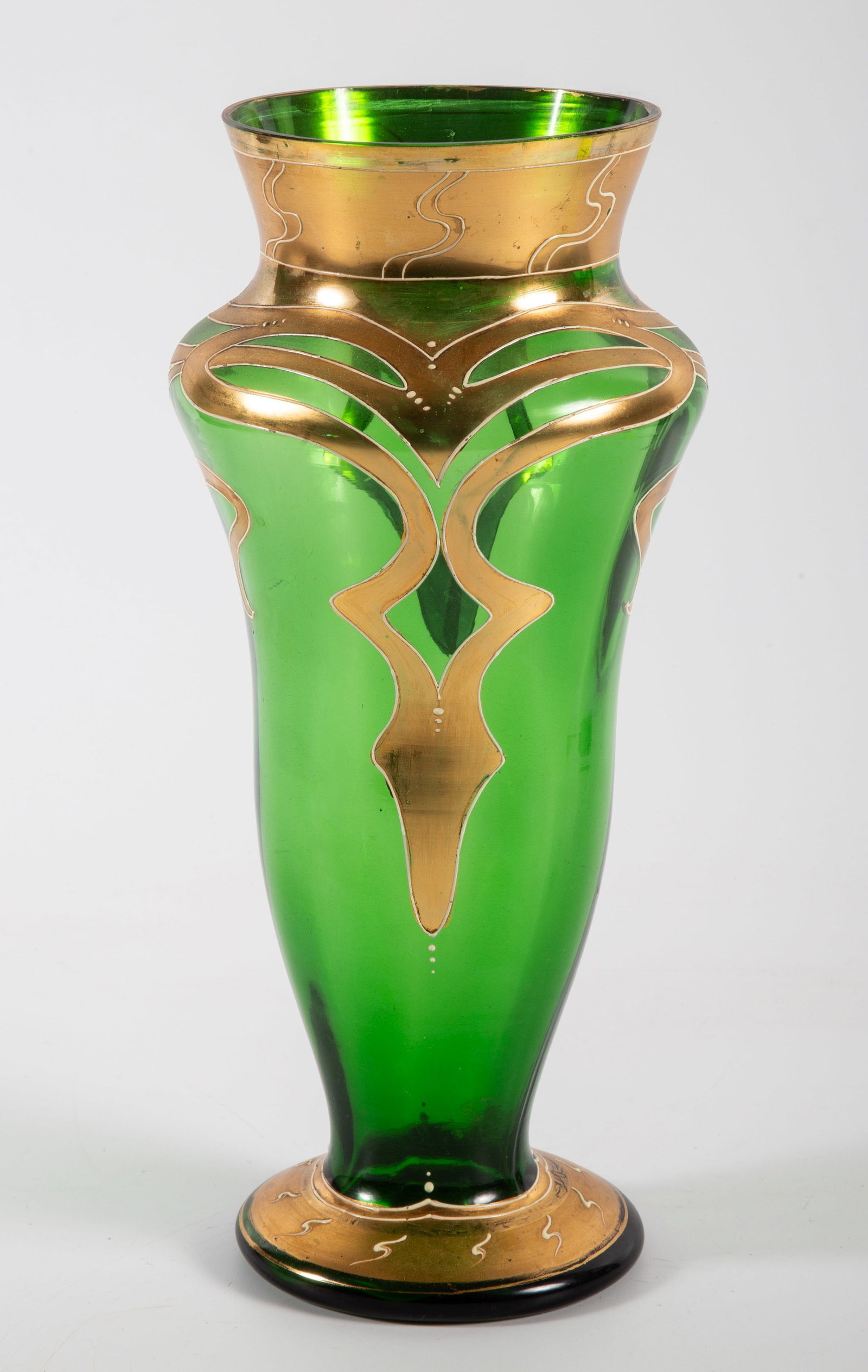 ART NOUVEAU GLASS VASE: Gold enamel detailing; flowing/abstract pattern; H-12 1/2"; very slight chip on base, some gold paint wear, G-VG