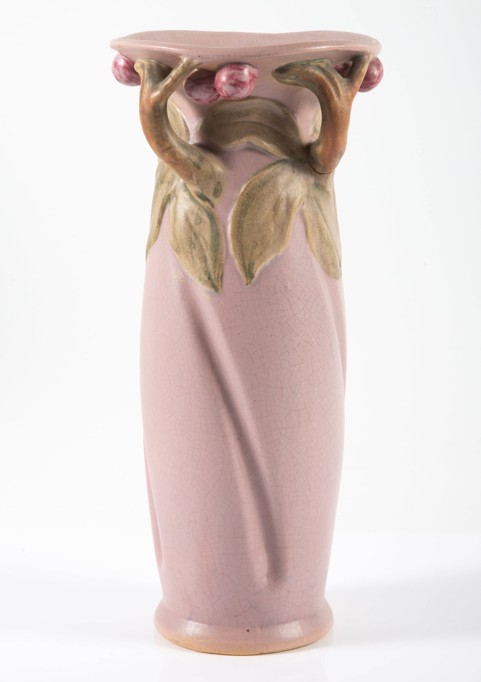 ART POTTERY VASE: Painted ceramic; berry and vine; unmarked; H-11"; slight firing crack on one vine; normal wear, G