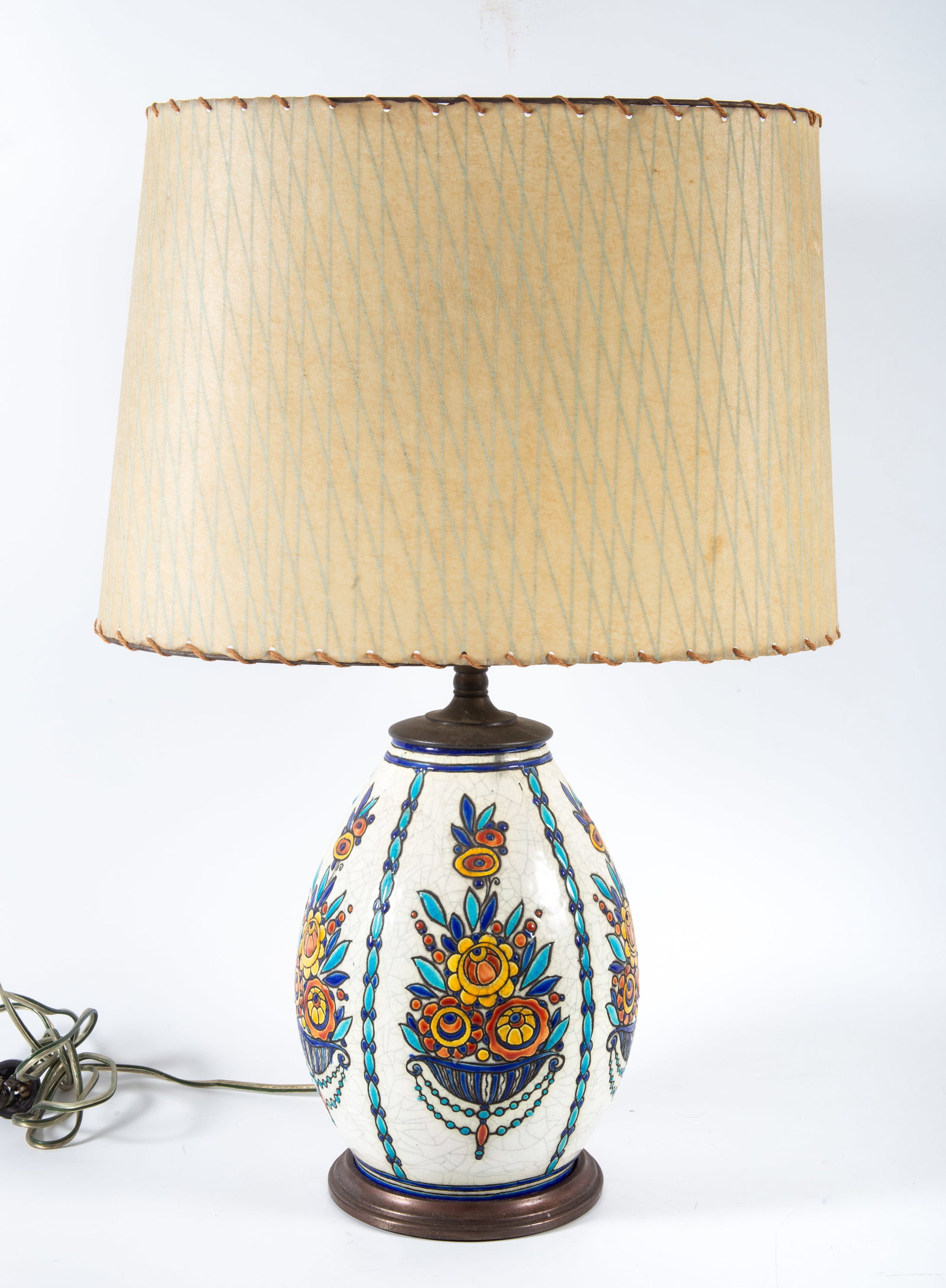 CHARLES CATTEAU DECO LAMP: Crackle glaze; converted to lamp from vase; H-22 1/2"; normal wear, G