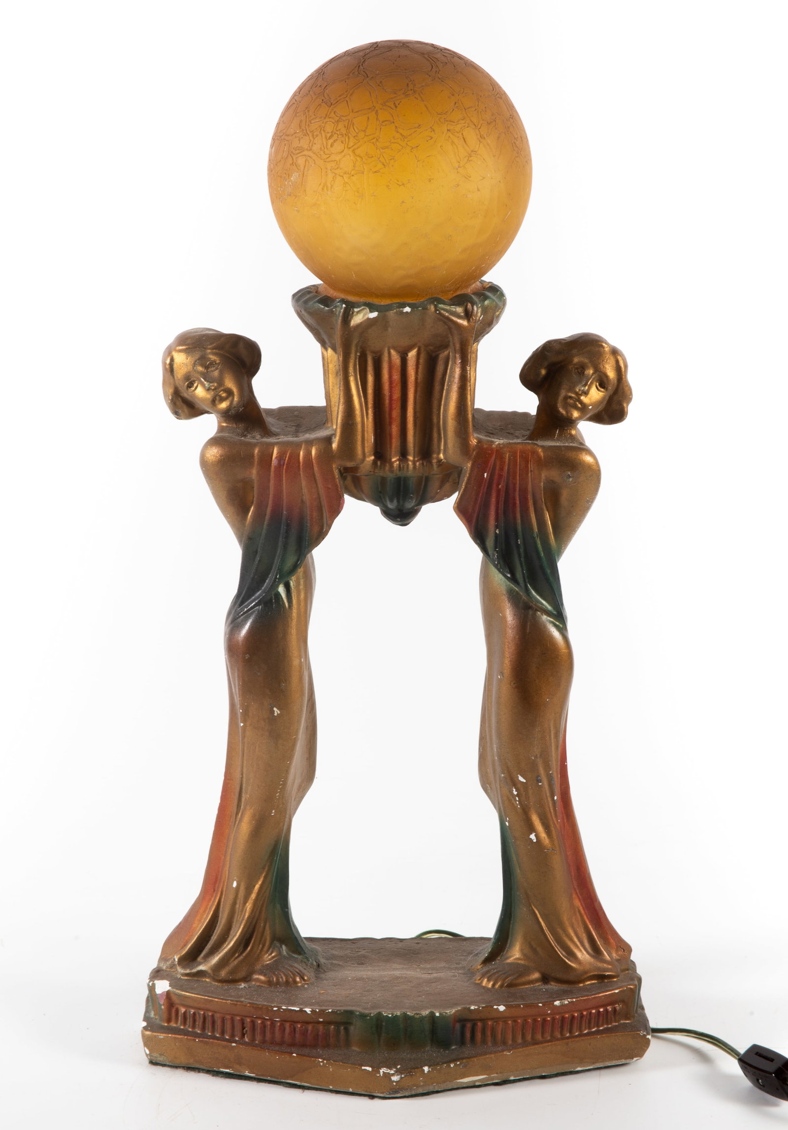 ART DECO FIGURAL LAMP: Painted plaster, together with a green or amber colored globe (globe is not exact fit); H-20"; chips in paint and plaster, F-G