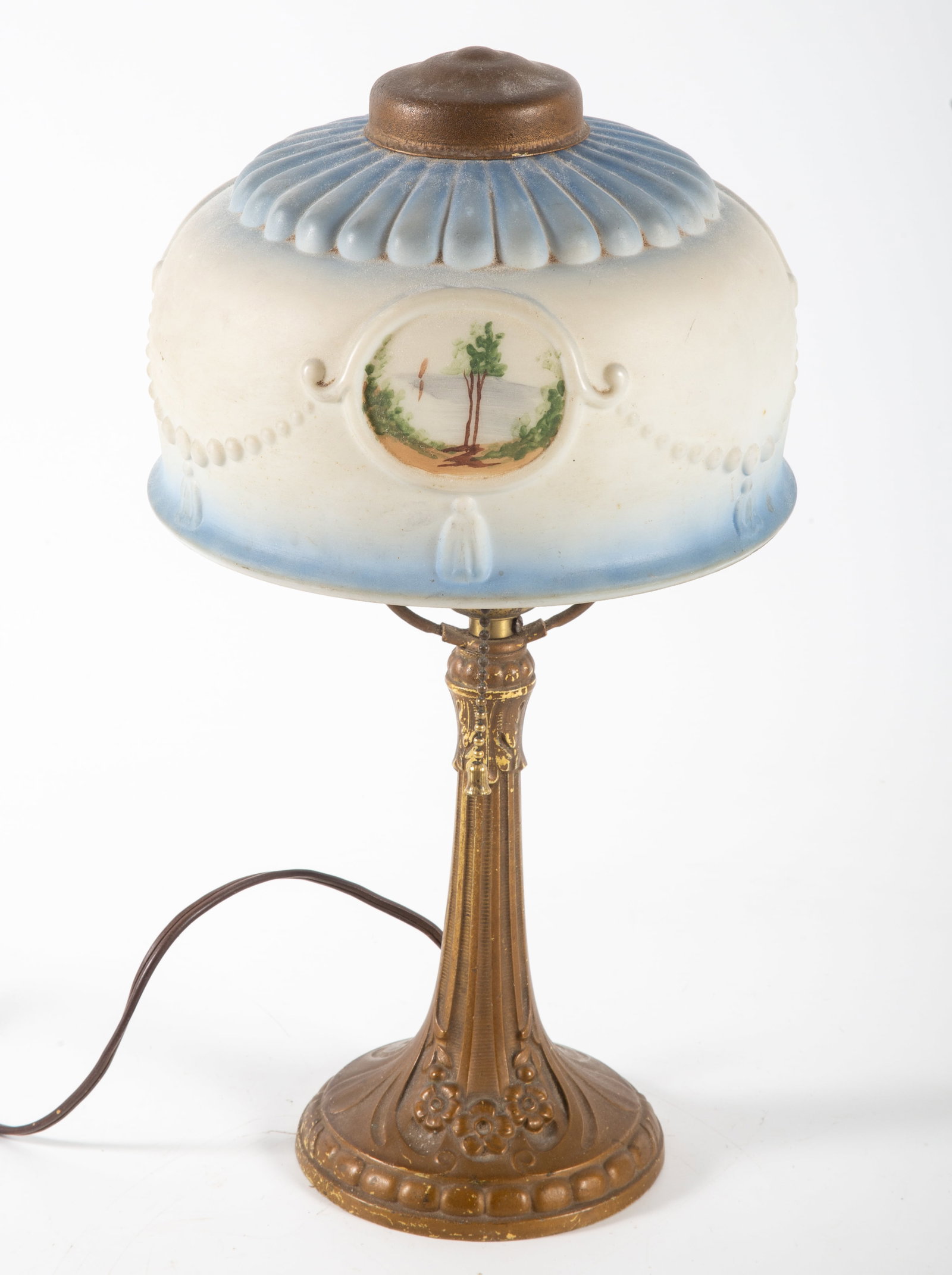 FROSTED GLASS BOUDOIR LAMP: Bronze painted metal base; globe painted with scenic motif; H-14"; normal wear, G