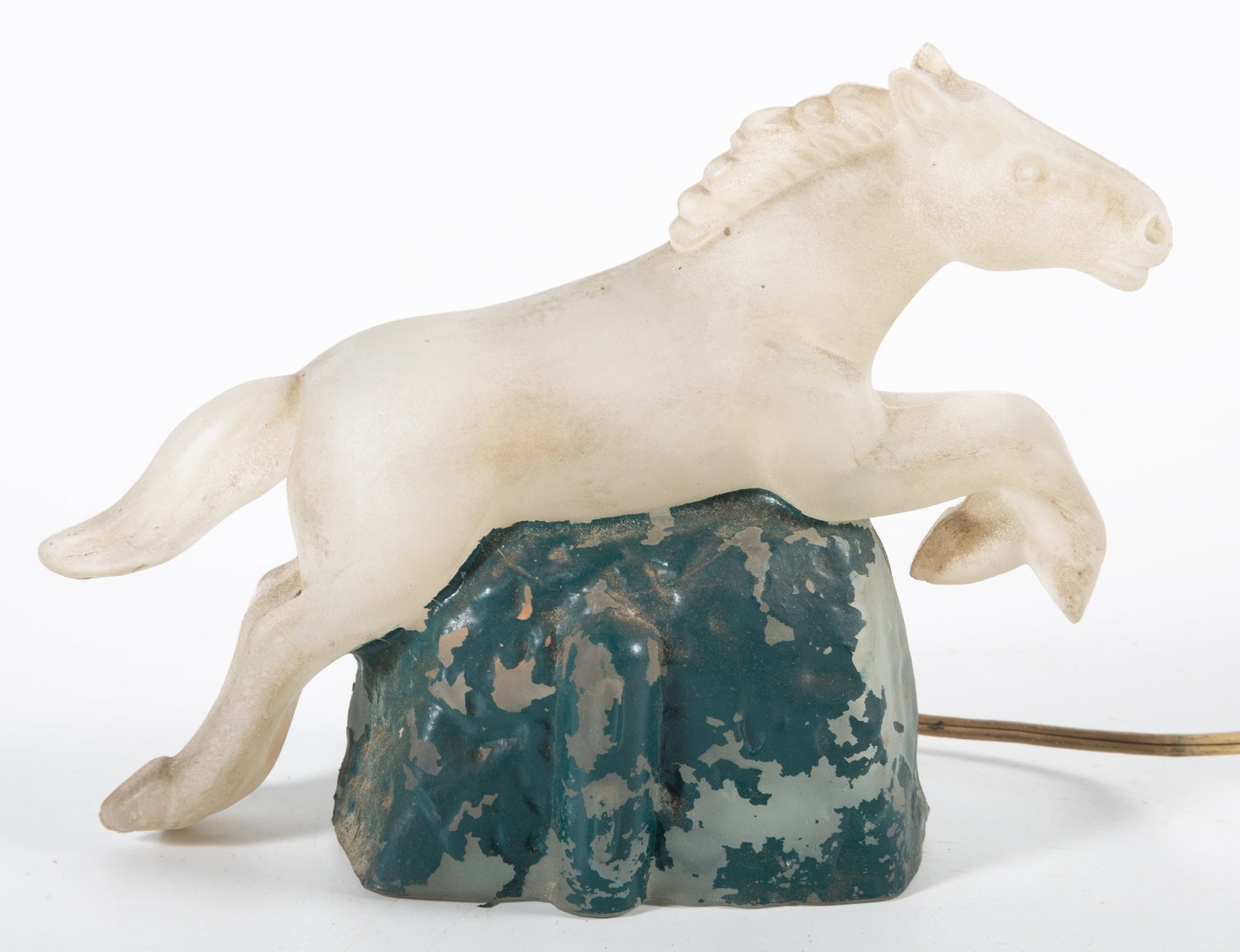 HORSE NITELITE LAMP: Frosted glass with painted green base; working; H-7"xL-9"; paint loss, F-G