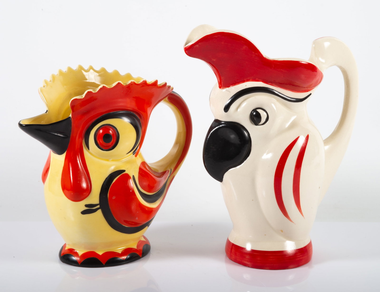 (2) DECO CZECHOSLOVAKIAN PITCHERS: Erphilia - (1) parrot, marked: Masco #880; (1) rooster, marked: -----#1451; tallest 9 1/4"; some paint wear, G