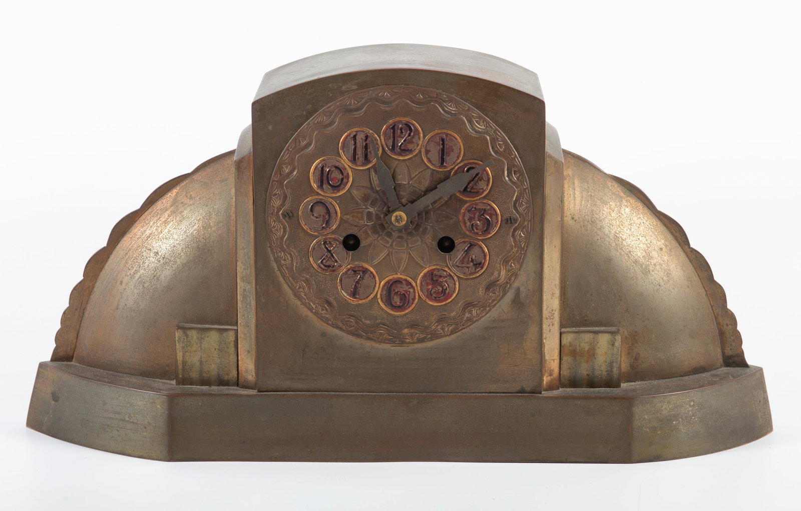 ART DECO MANTEL CLOCK: Amsterdamse school-style; brass or polished metal; key wind; H-9 1/2"xL-19", G