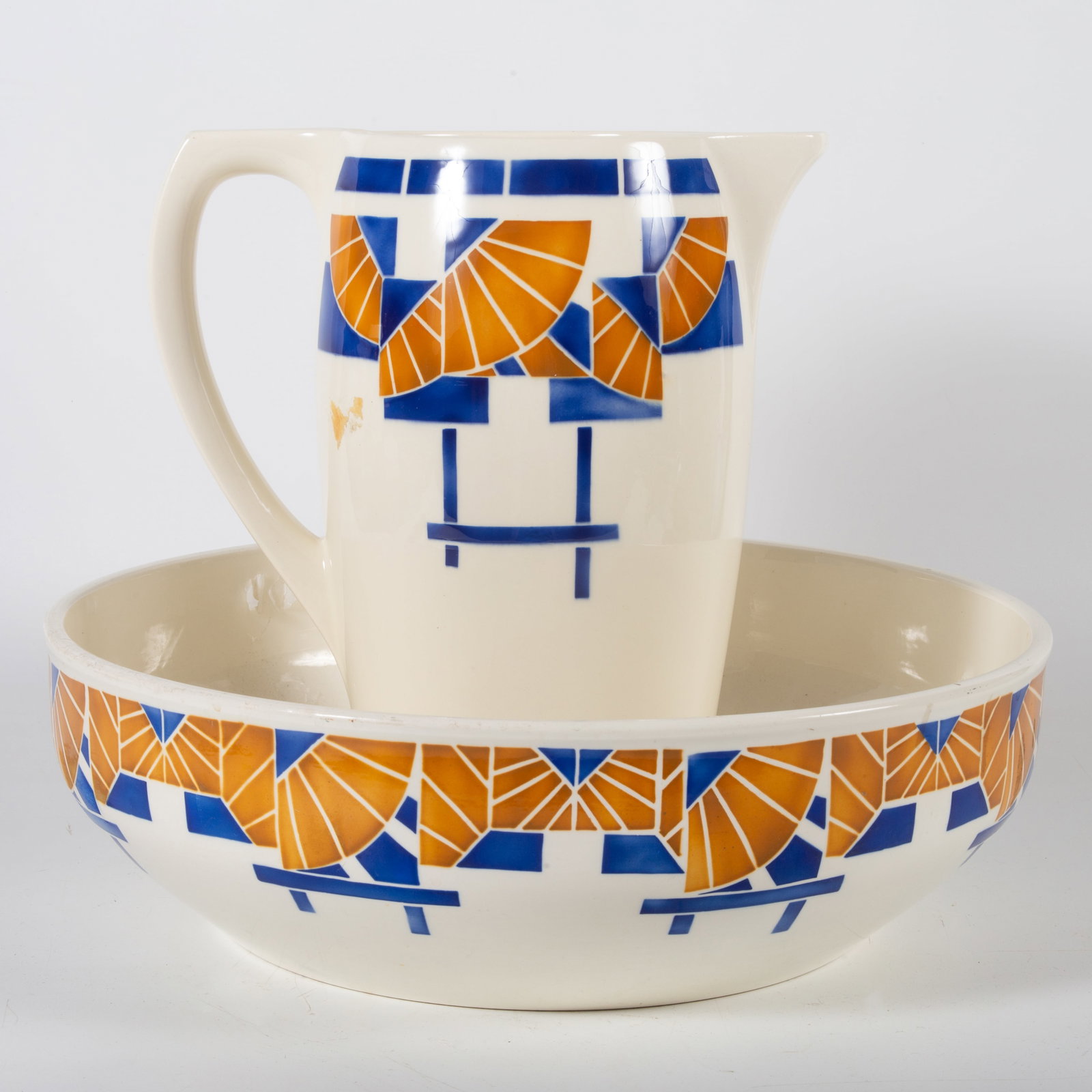 (3) PIECES DECO PITCHER, BOWL, ETC.: (1) 11" pitcher and 15" bowl; marked: Badonviller, France "Cleopatre"; chips on handle, hairline in bowl - together with vintage ceramic 10 1/2" pitcher, marked: "Vor-Camm" model name "Golf", German