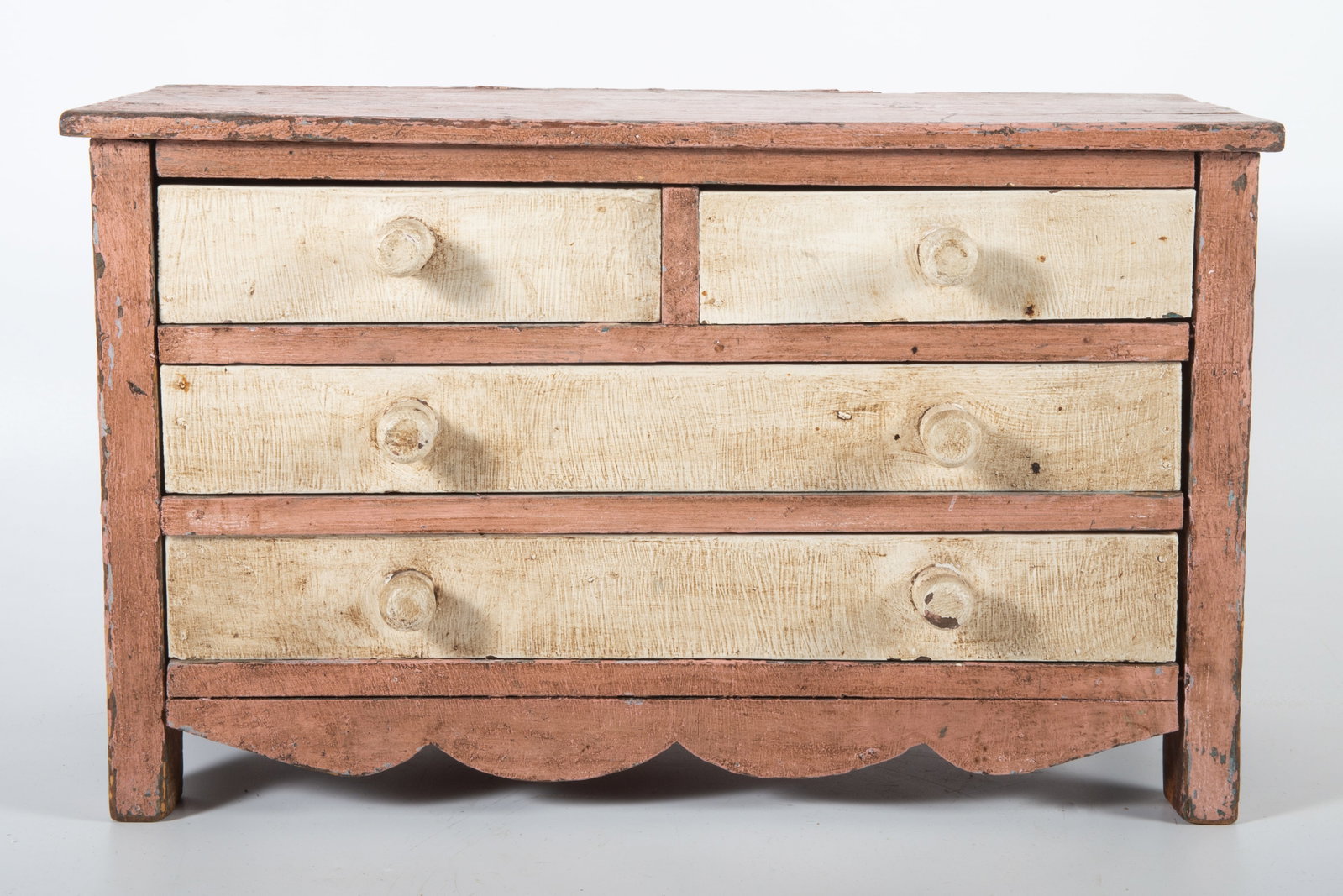 MINIATURE CHEST DRAWERS: Painted small wooden chest; (4) drawers; H 9 1/2"xL-15"xD-7"; chip sin paint and wood, F-G