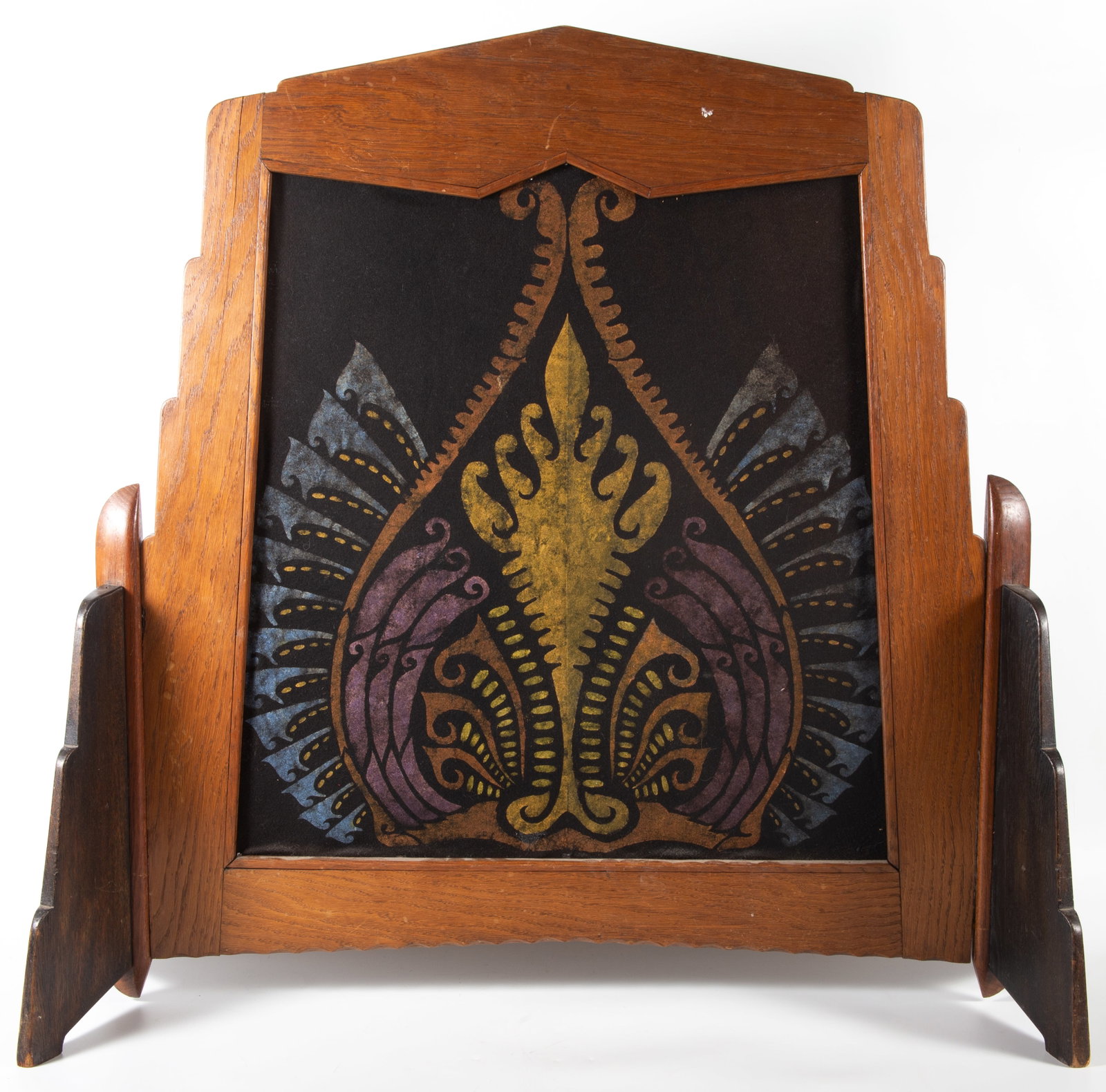 VINTAGE DECO FIRE SCREEN: Wood frame with double-sided painted fabric insert; the (2) support legs attach to frame; (1) side original metal clips; (1) side missing clips and replaced with (1) dowel; H-35"xL-37"; normal wear, G