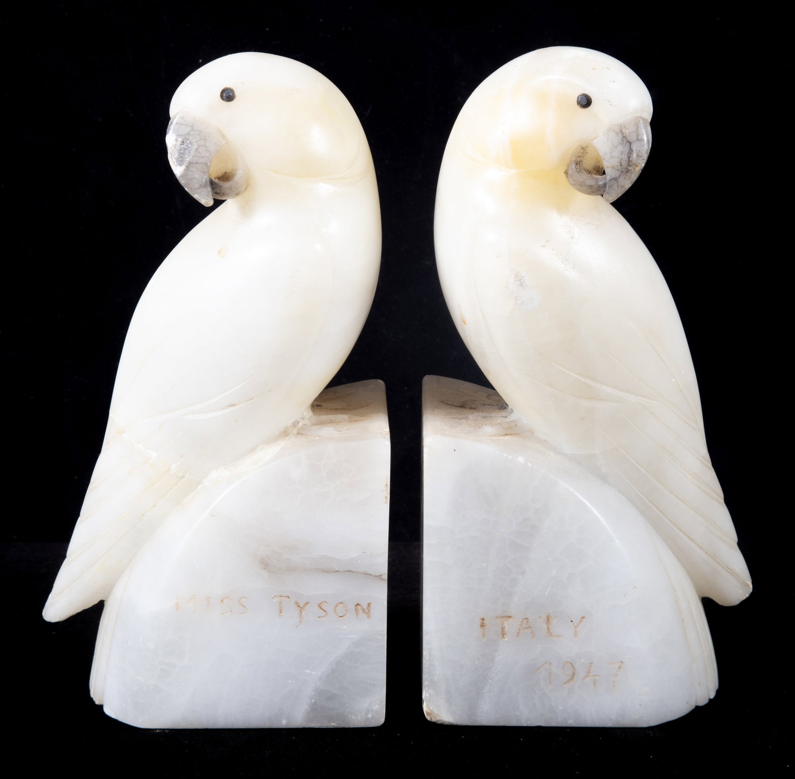 PARROT ALABASTER BOOKENDS: Inscribed "Miss Tyson-Italy 1947", H-7", normal wear, G