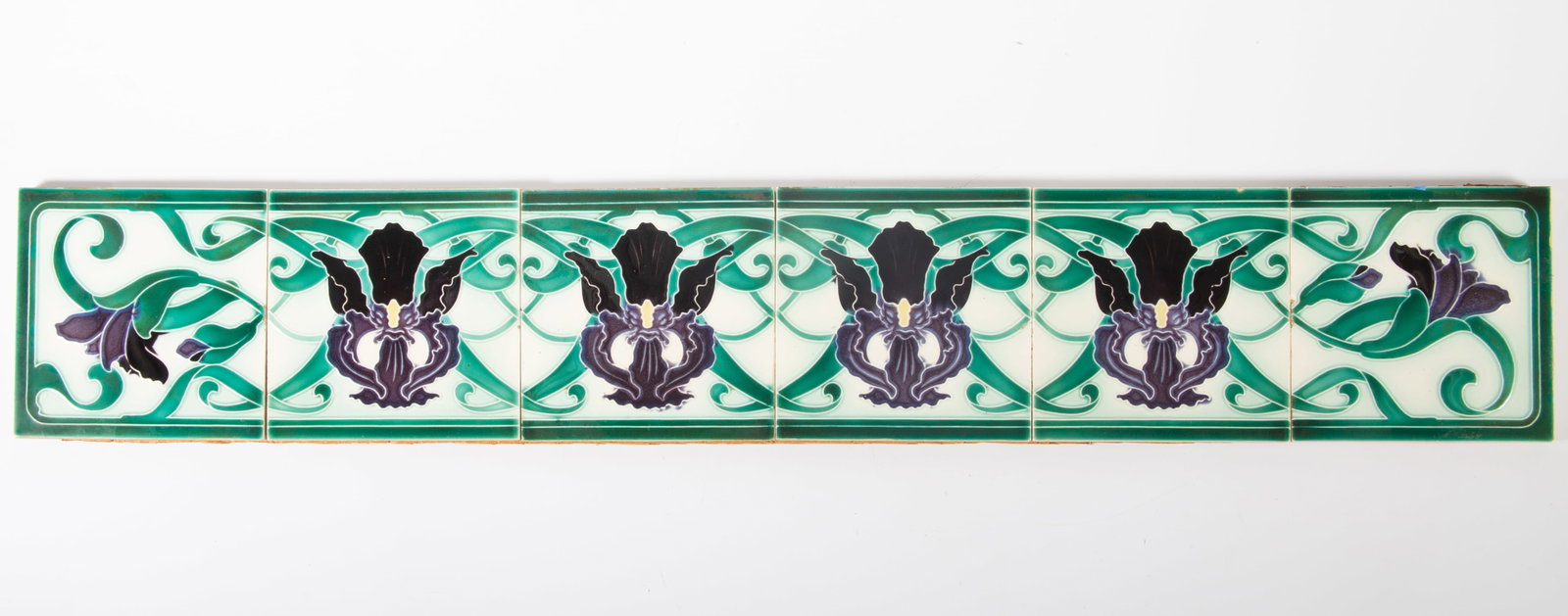(6) ART NOUVEAU TILES: Ceramic with floral decoration; 6"x6"; normal wear, G-VG
