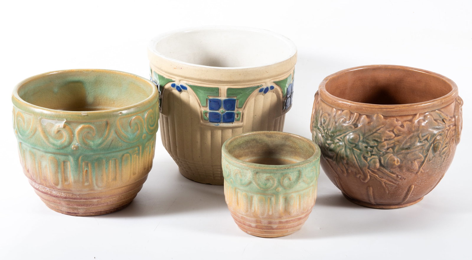 (4) ART POTTERY PLANTERS: Molded ceramic; H 4"-8"; normal wear, F-G