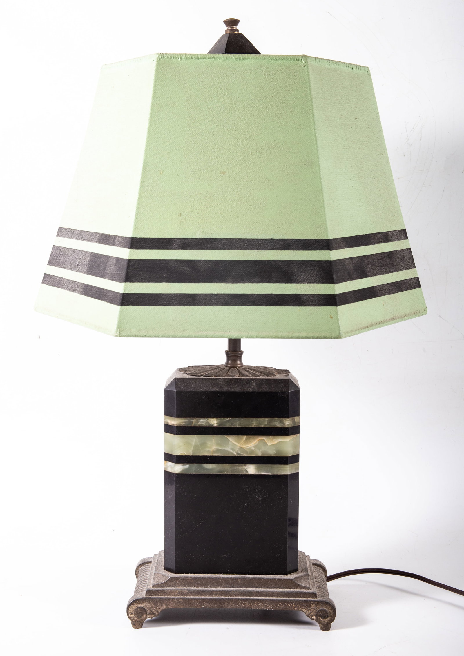 DECO TABLE LAMP: Painted canvas shade on marble base with alabaster inlays, H-22", normal wear, G-G+
