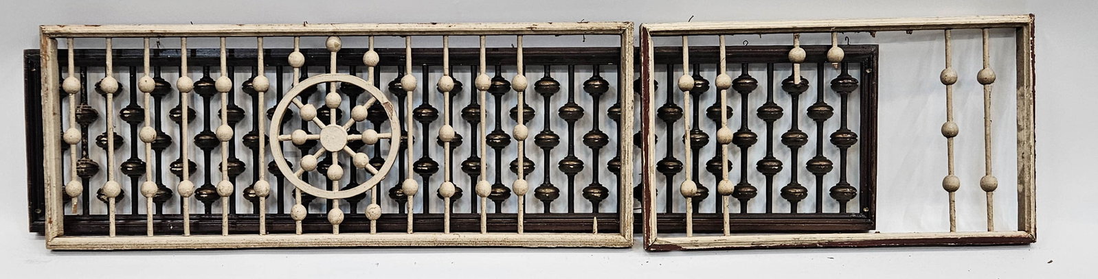 (3) STICK AND BALL ARCHITECTURAL PANELS: (1) varnished and painted wood, appears complete with some rubs and age wear, 70"x15"; (1) painted white with central roundel, missing (2) pickets, additional losses, 48"x18"; (1) painted white with