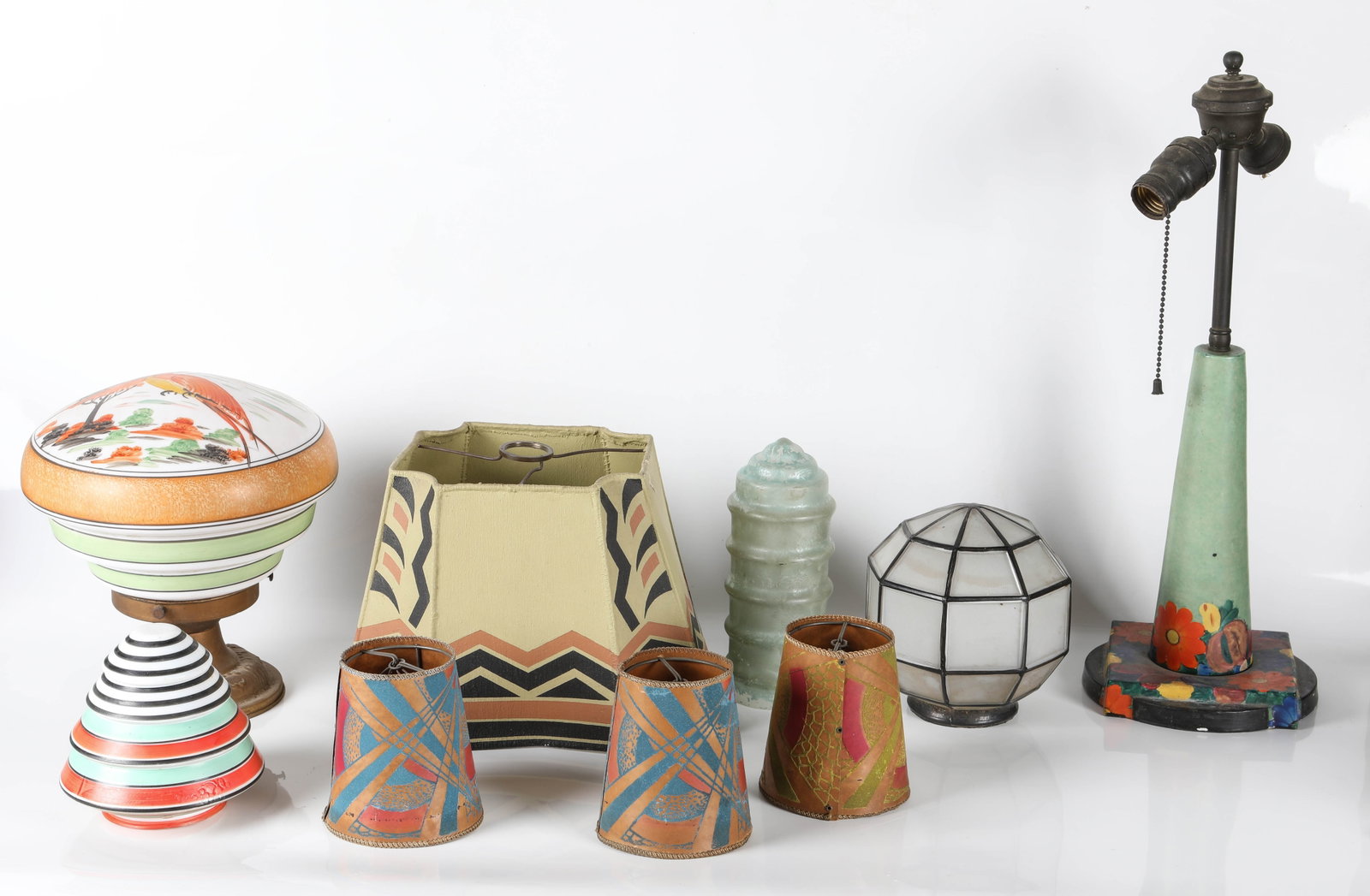 (9) VINTAGE LAMP PARTS: (1) ceiling fixture-bird of paradise globe, (3) assorted globes, (3) small painted paper shades, (1) ceramic Czechoslovakian painted lamp base-"Letovice", (1) painted canvas shade; lamp base H-19",