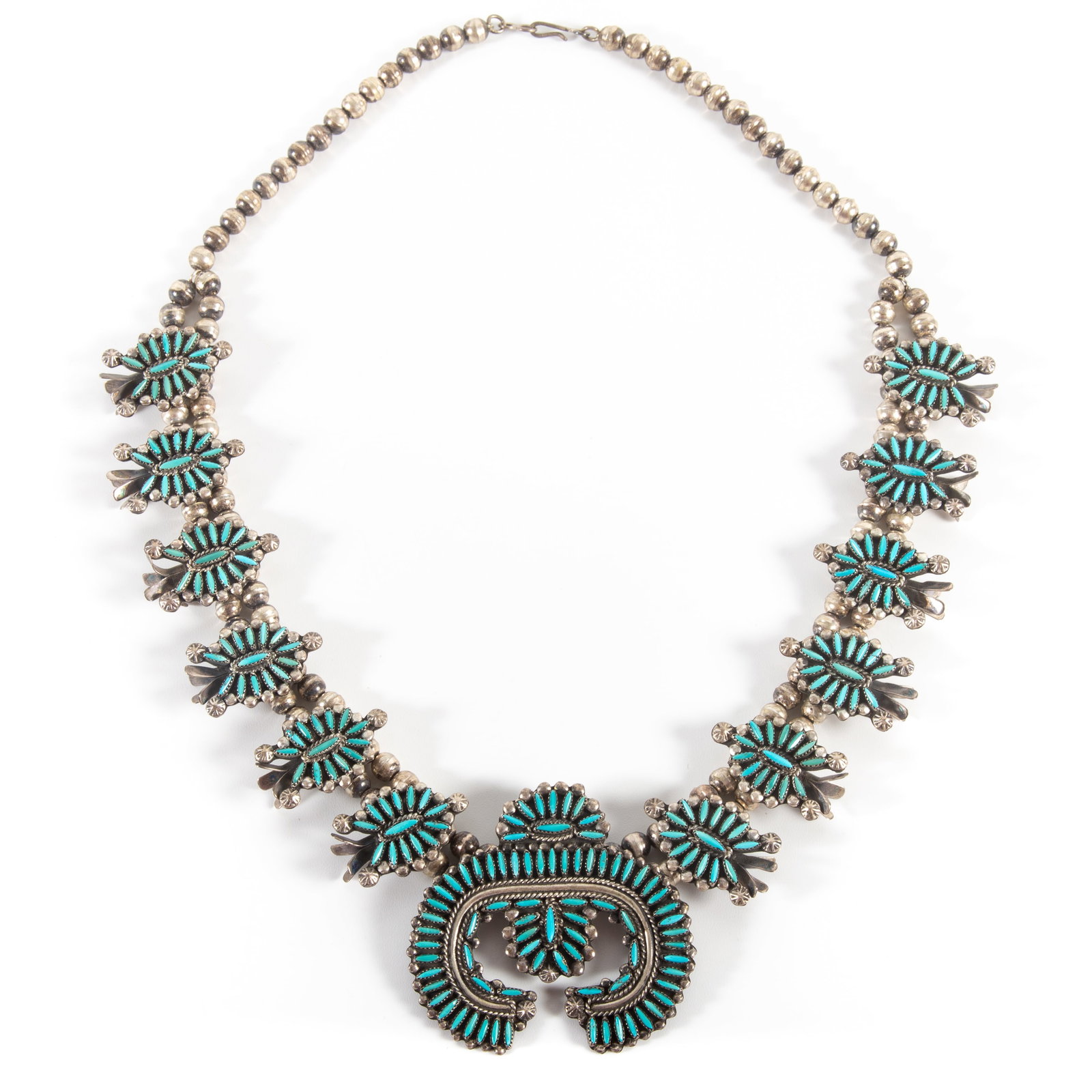 SOUTHWEST SQUASH BLOSSOM NECKLACE: Silver and turquoise; 22 1/2"; 4.9 T.O., VG-EX