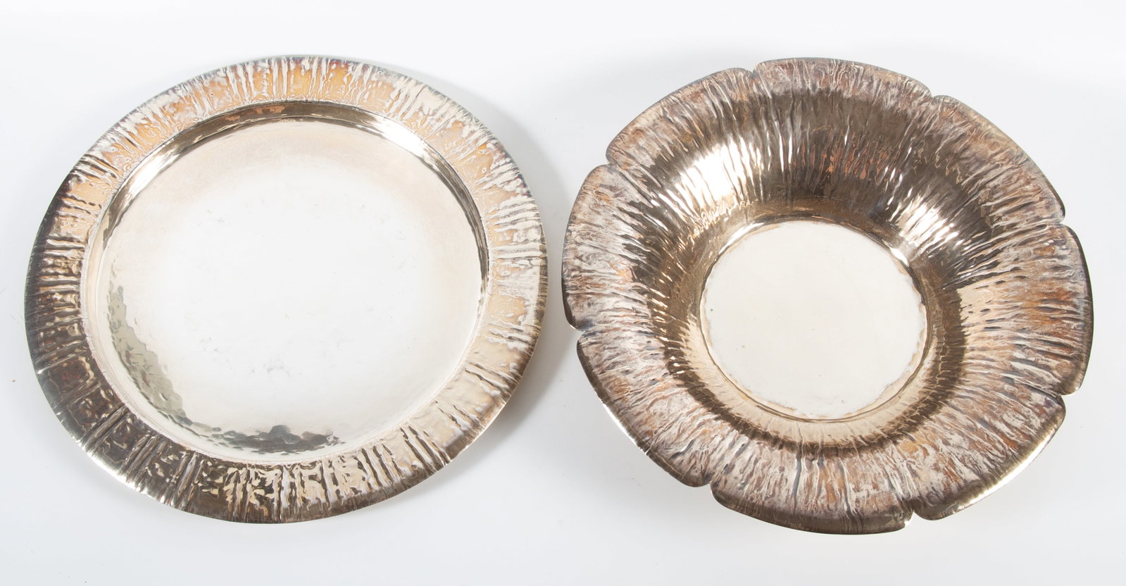 DODGE STERLING BOWL AND UNDERPLATE: Fruit bowl and underplate "by hand", both have floral motif - (1) bowl #801, H-2 1/2"xdiameter-14", 42.3 T.O.; (1) underplate, unmarked, H-1/2"xdiameter-14", 43.2 T.O. --- 85.5 T.O. total; normal