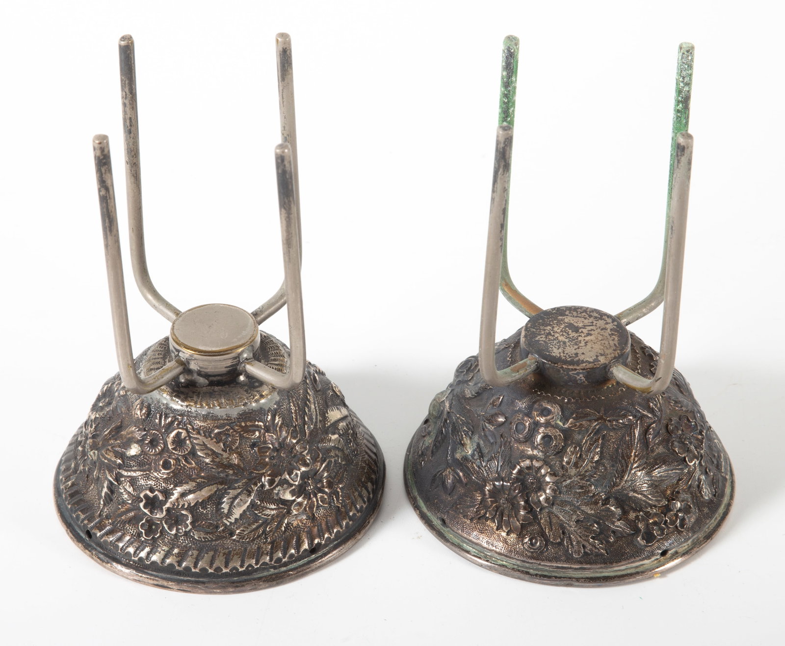 (2) STERLING BOTTLE HOLDERS: Jenkins & Jenkins, repousse, H-5", 9.3 T.O., missing weighted bottoms, normal wear, G