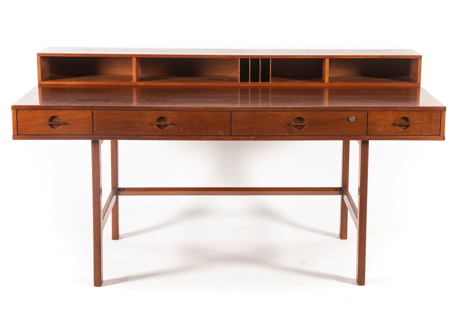 MID CENTURY MODERN LOVIG TEAK DESK: Peter Lovig Nielsen flip top desk; H-34"xL-64"; normal wear, VG-EX
