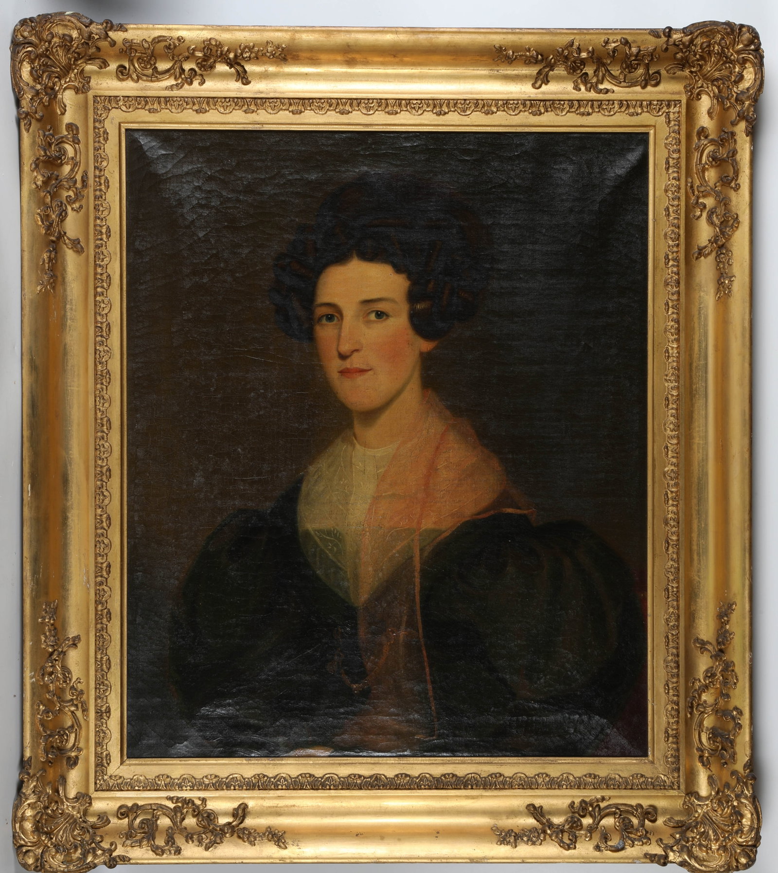 EARLY PORTRAIT PAINTING: Oil on canvas, unsigned: Julia Anne Peterson, sister of Margaret Peterson; image 28"x24" - period gilt frame 38"x33"; needs cleaning, G