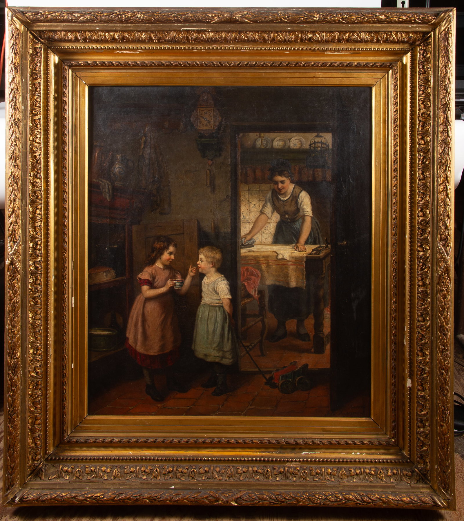 HEYERMANS GENRE PAINTING: Oil on canvas; signed lower right; interior scene with woman ironing and children tasting a jam(?); image 30"x24" - frame 40"x35"; needs cleaning; normal wear, G-VG