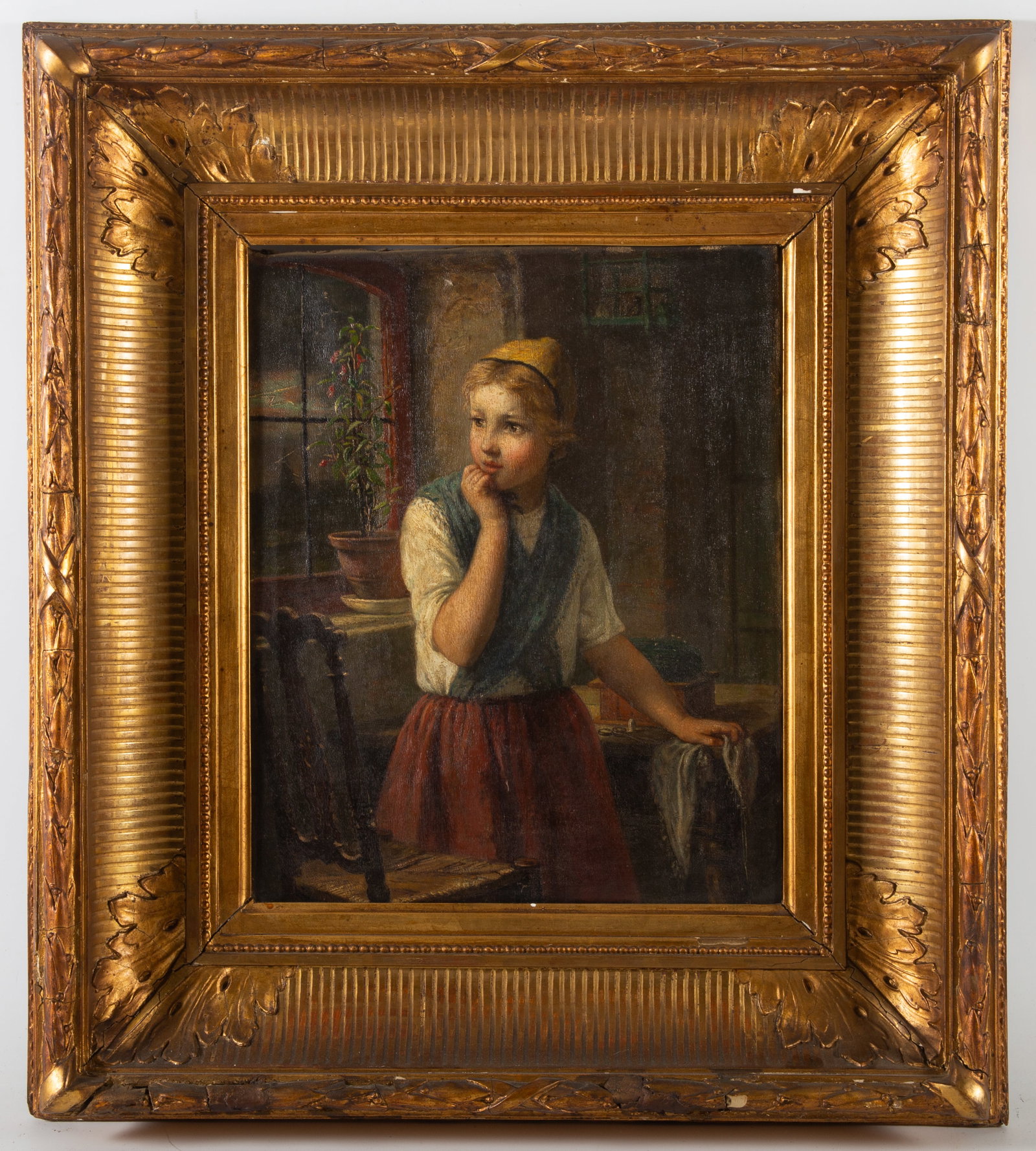 CONTINENTAL GENRE PAINTING: Oil on canvas; signed Heyerman on window sill; interior painting of young girl cleaning; image 14"x12" - framed 24"x21"; needs cleaning; normal wear, G