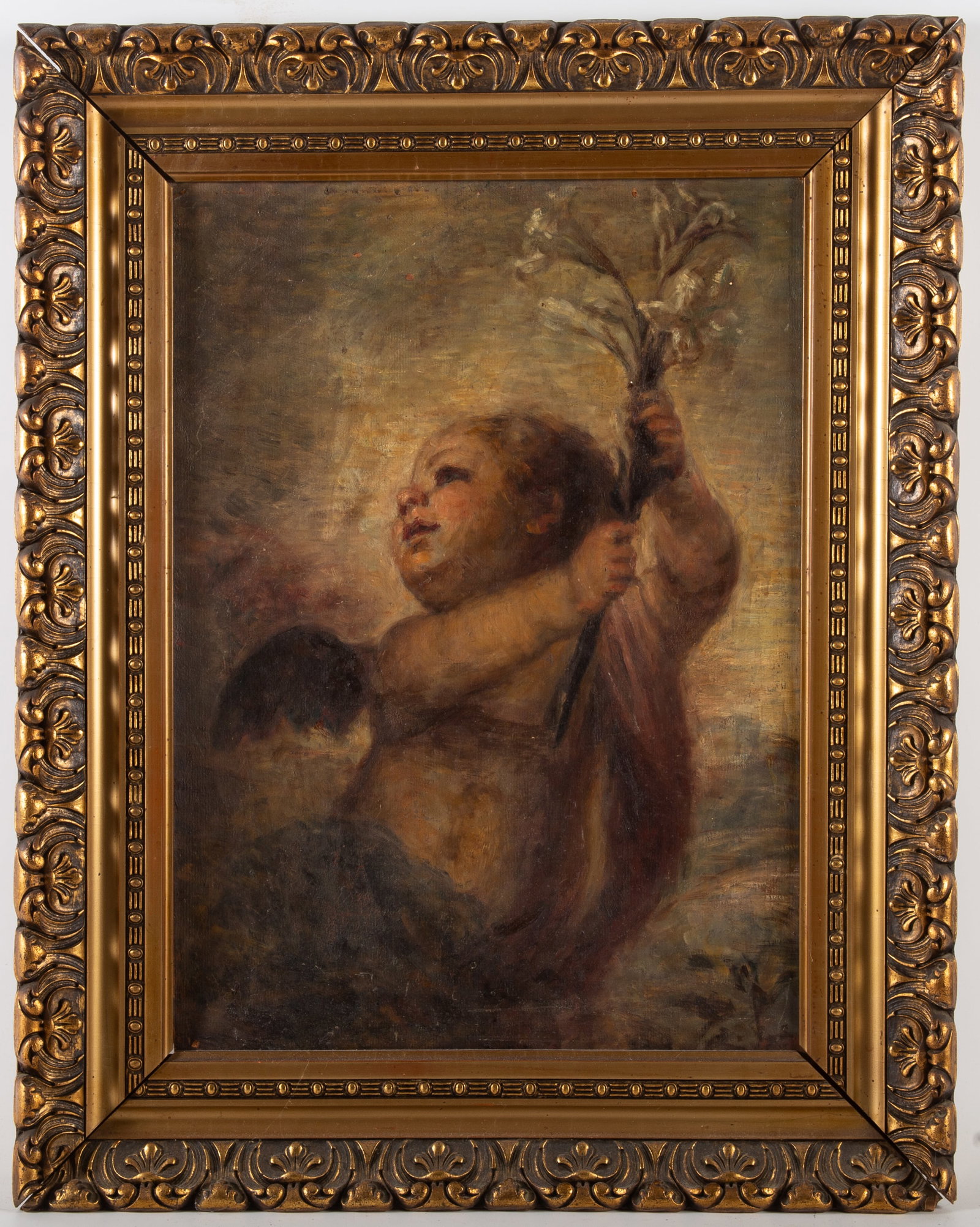 CHERUB PAINTING: Oil on artist board; identified on reverse "Murillo"; possibly copied by Magdalinski; image 20"x14" - frame 26"x20"; needs cleaning; normal wear, F-G