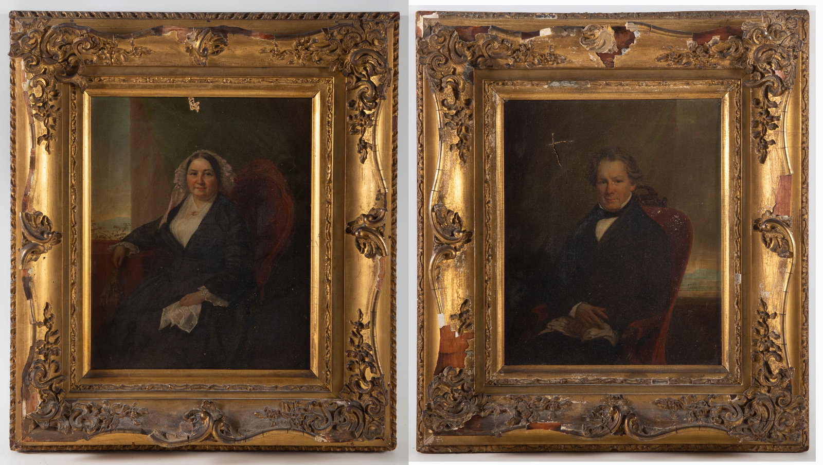 A PAIR OF 19TH CENTURY PORTAITS: Oil on canvas, unsigned - pair of small seated portraits of Benjamin Deford and Harriet Baugher Deford, identified on note by James Hubard; image 11 1/2"x9 1/2" - frame 18"x16"; both have punctures,